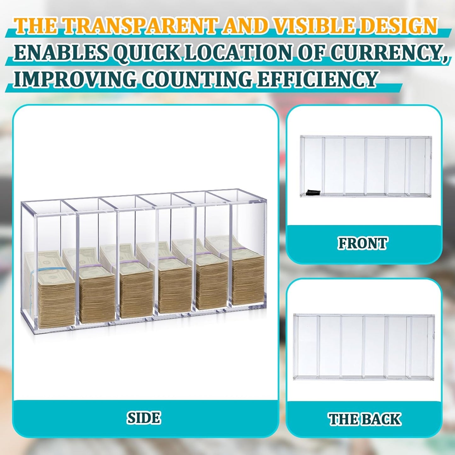 Leinuosen 25" x 12" x 7" Extra Large Clear Currency Tray with 6 Pocket Acrylic Cash Organizer Money Bill Storage Box for Bank Casinos Pharmacies