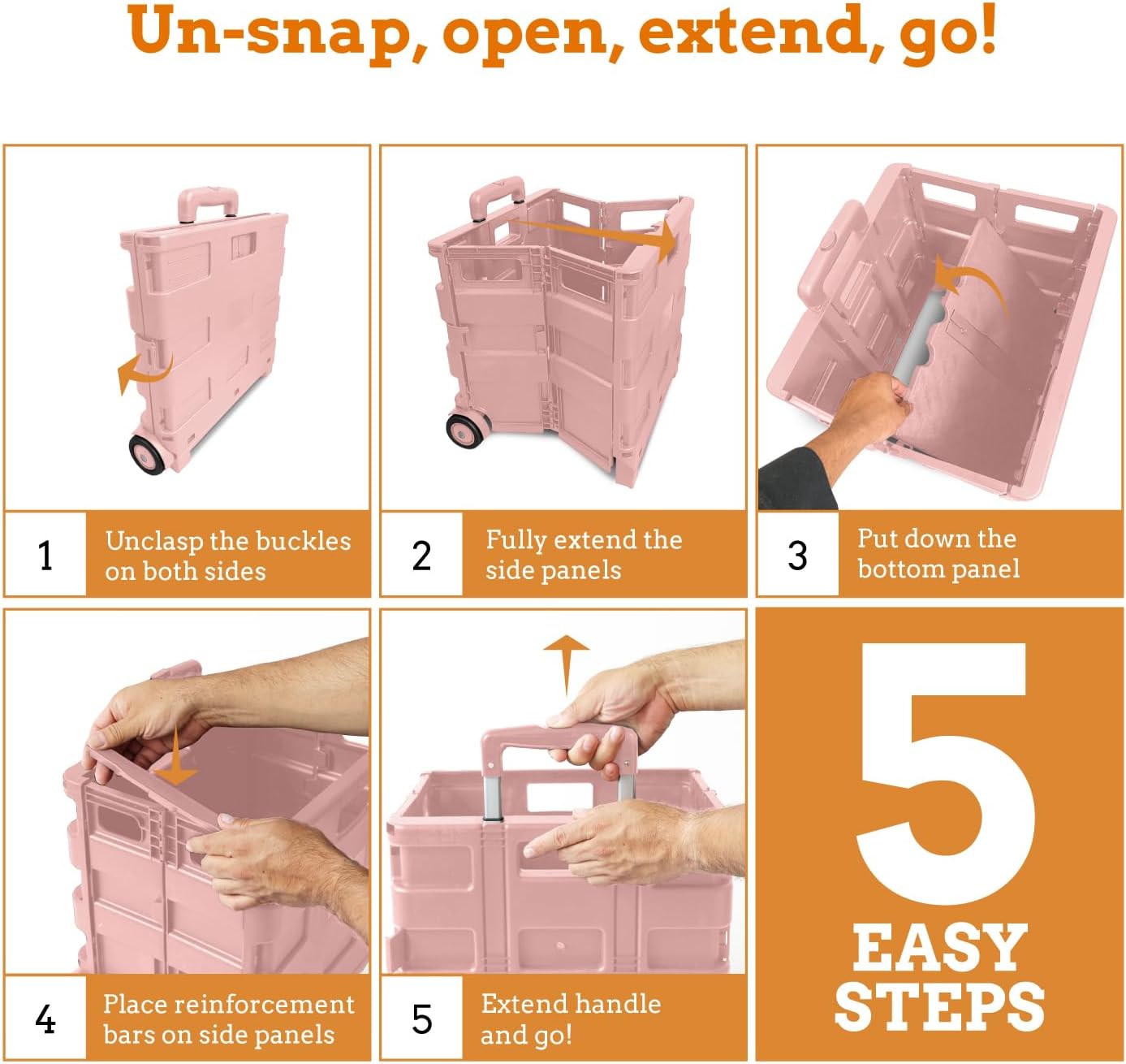 Inspired Living Ultra-Slim Rolling Collapsible Storage Pack-N-Roll Utility-carts, with Telescopic Handle, for Home, Garden, Shopping, Office, School use, Large, Raspberry Pink