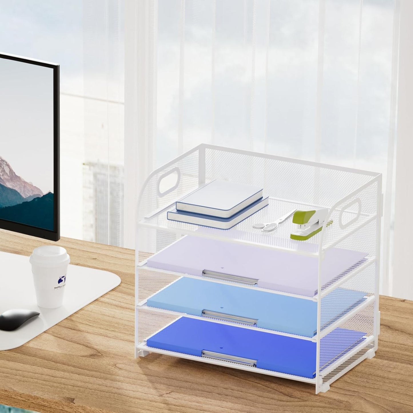 Marbrasse 4 Tier Paper Organizer Letter Tray, Mesh Desk File Organizer with Handle, Paper Sorter Organizer for Letter /A4 Office File Folder Holder(White, 12.6" x 9.1" x 10.7")