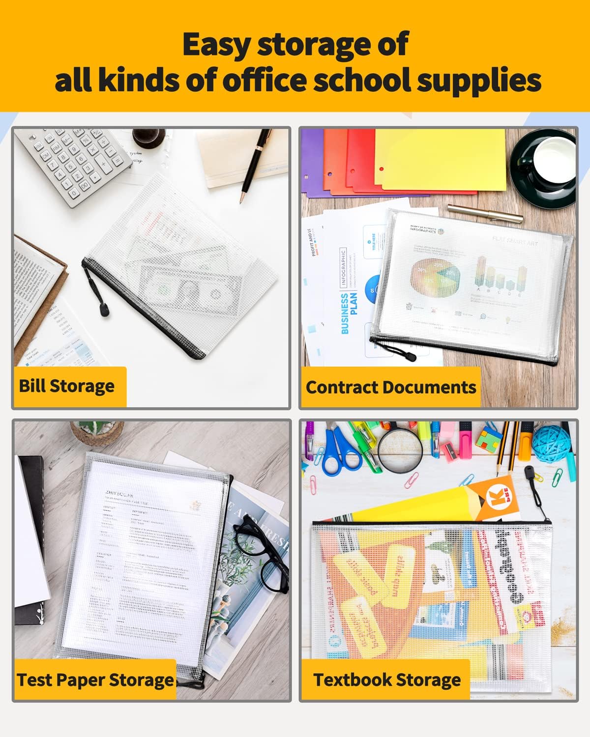 SUNEE Plastic Mesh Zipper Pouch 6x9 in (Black, 18 Packs),Extra Large Water-Resistant Zip Bag for School Office Supplies, Puzzles & Games Organizing Storage