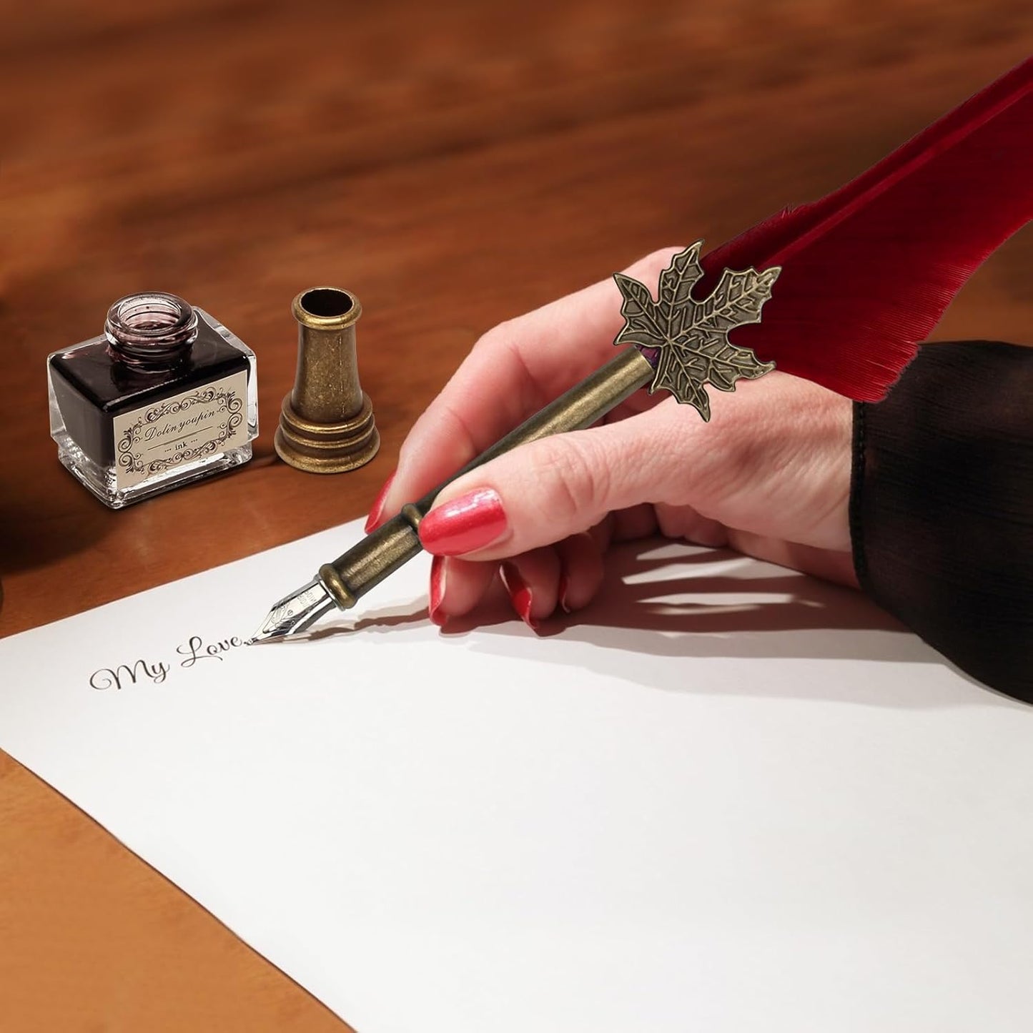 AHIER Quill Pen and Ink Set, Feather Pen Quill Pen Set Includes 5 Steel Replacement Nibs,Pen Nib Base and Dip Ink Bottle for Antique Calligraphy (Red)