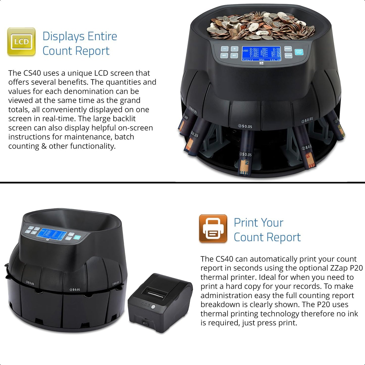 ZZap CS40 Coin Counter, Sorter and Roller - Money Cash Currency Machine