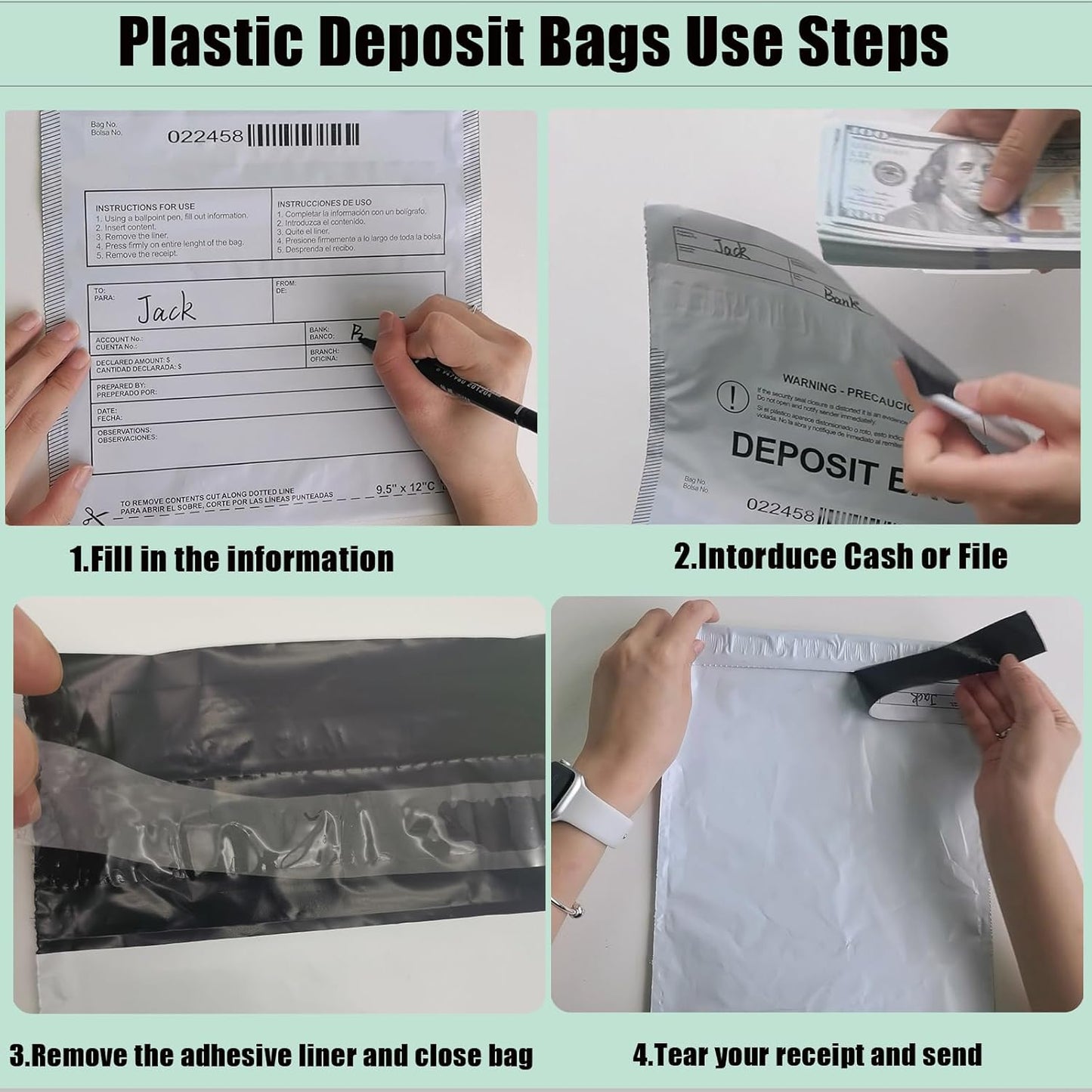 Plastic Deposit Bags 100-Pack Opaque 9.5''x 15'', Opaque Security Bank Deposits Bags,Cash register bag,Money bag for Cash,Bank Pocket,Tamper-Evident Bag,Unique Barcode