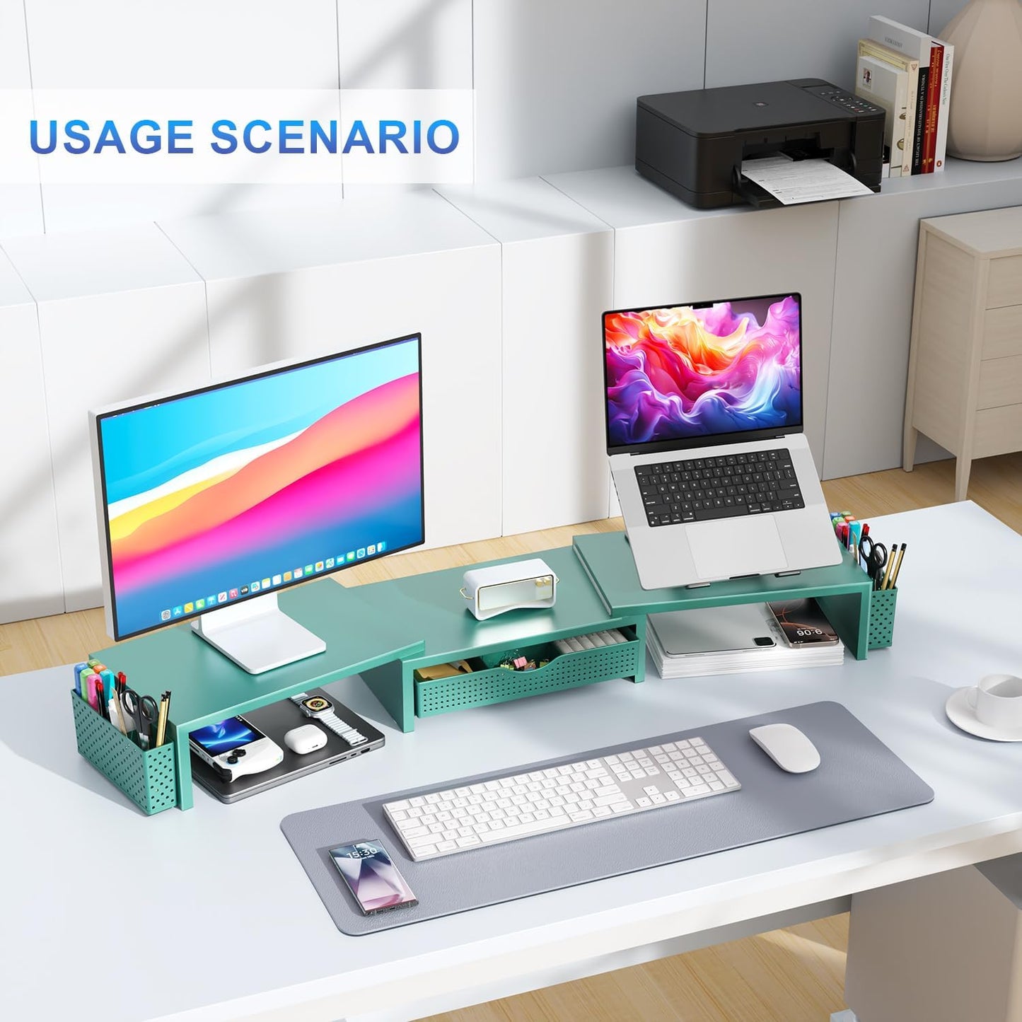 gianotter Dual Monitor Stand Riser, Desk Organizer With Drawer and 2 Pen Holders, Monitor Stand for Desk, Office Decor Essentials (Green)