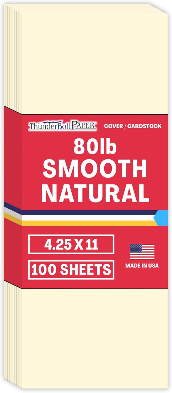 100 Natural Smooth Card Stock Sheets Paper - 4.25 X 11 Inches Half Letter Size Cut Long - 80# (80 lb/pound) Cover Weight - Quality Paper - Smooth Finish