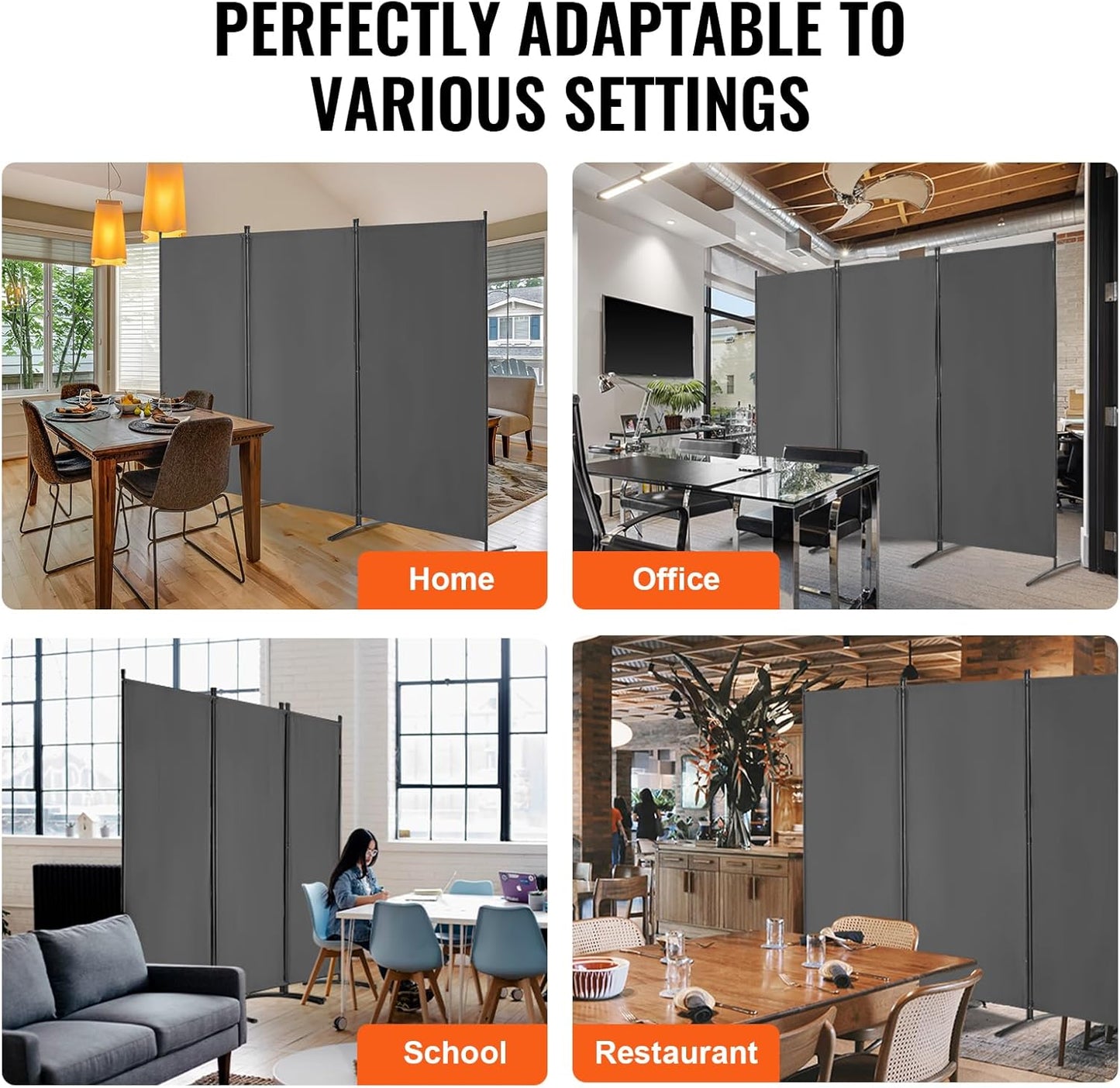 VEVOR Room Dividers, 3 Panel Room Divider, Folding Privacy Screen and Portable Partition Divider for Room Separation, Freestanding Room Partitions for Office, Bedroom, Study, Grey