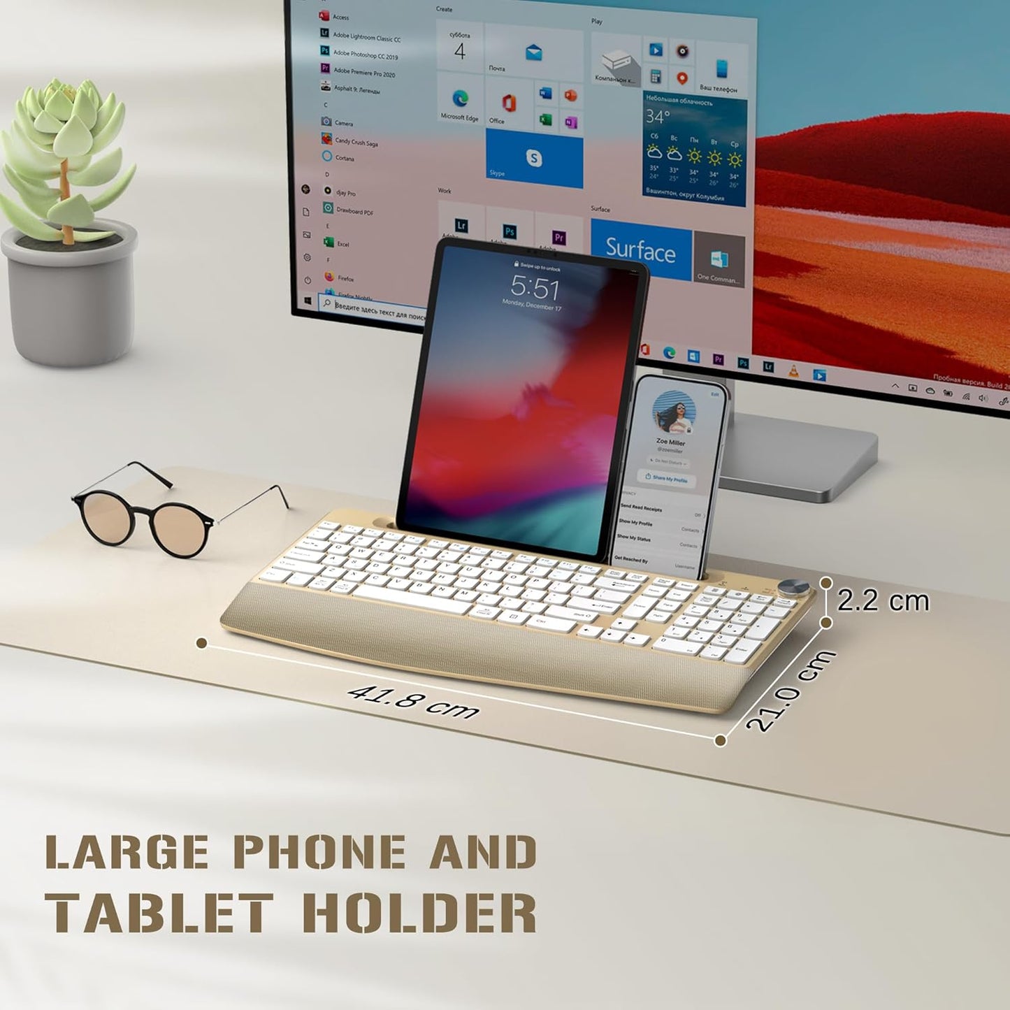 Ergonomic Wireless Keyboard with Wrist Rest-Low-Profile,Phone/Tablet Holder,Quiet Design,Windows & Mac OS,Full Size Cordless USB Computer Keyboard for Desktop,Laptop, PC, Mac, Windows-Gold