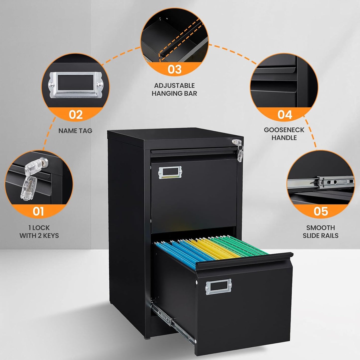 2 Drawer File Cabinet with Lock, Metal Filing Cabinets for Home Office, Vertical Black Small File Caninet, Steel Narrow Two Drawer File Cabnet for Letter/Legal / A4 / B4 - Assembly Required