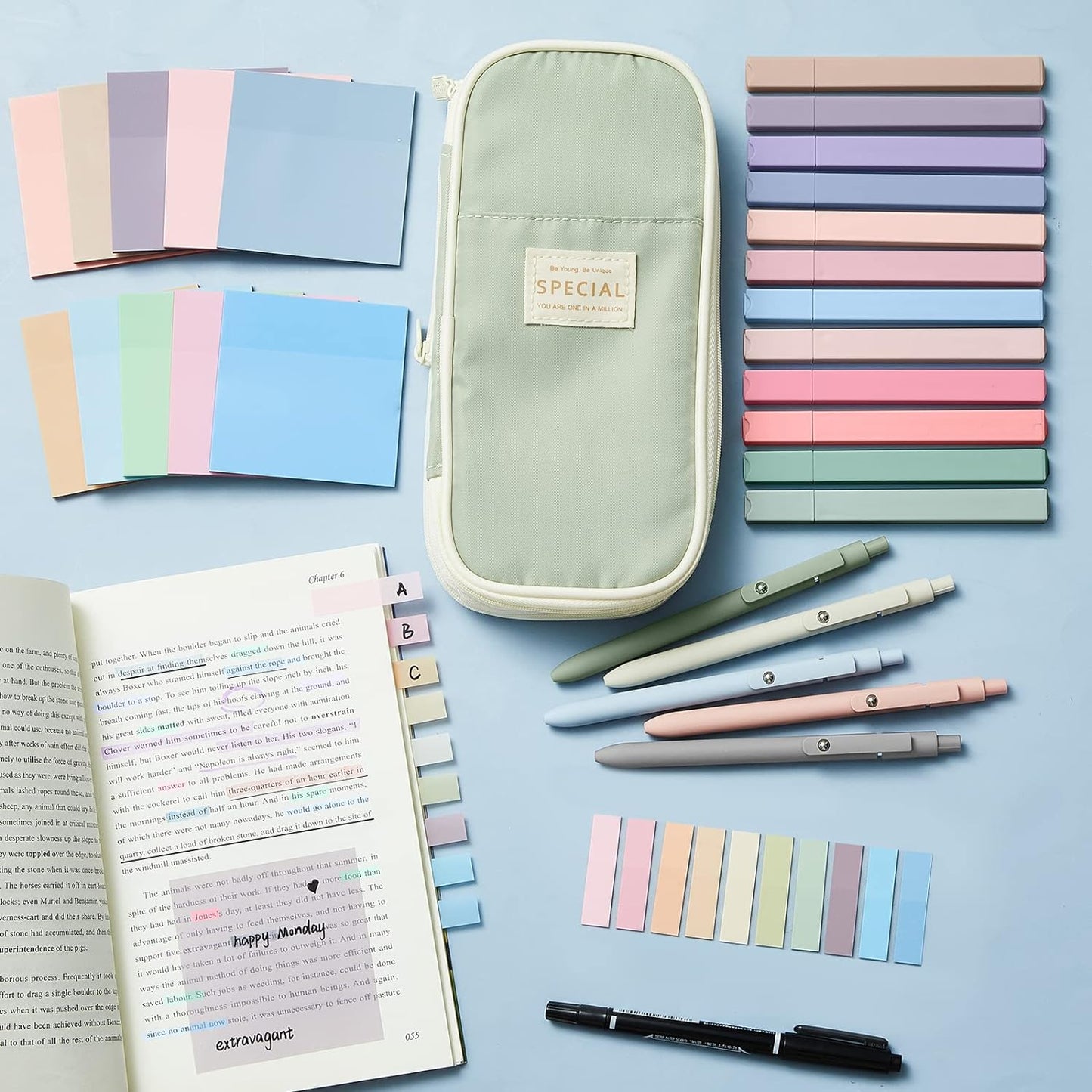 Jutom 39 Pcs Aesthetic Book Annotation Kit Highlighter with Pencil Case Bag Gel Pen Transparent Sticky Note Taking Bible Study College School Supplies(Green,Cute Style)
