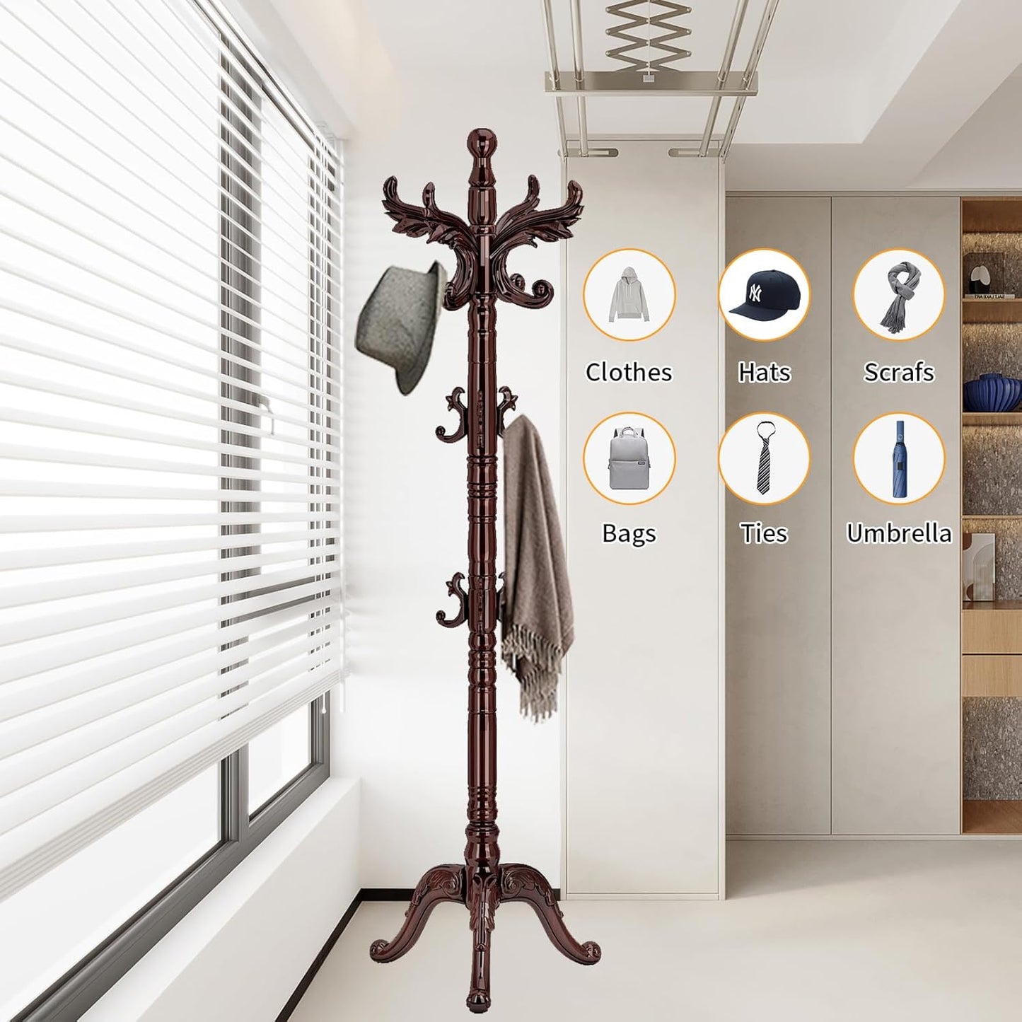 Wooden Coat Rack Stand Sturdy Triangle Base, Natural Birch Wood Coat Racks Freestanding, Vintage Solid Wood Coat Tree Stand with 14 Hooks, Classic Sturdy Coat Racks Hall Tree for Entryway, Office