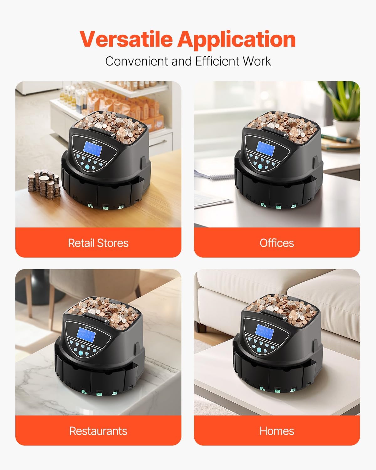 VEVOR Upgraded Coin Counter & Sorter, Coin Sorter and Wrapper Machine with Intuitive Display, Change Counter for USD Coins 1¢ 5¢ 10¢ 25¢ $1, Sorts up to 300 Coins/Min, with 5 Coin Tubes and 5 Trays