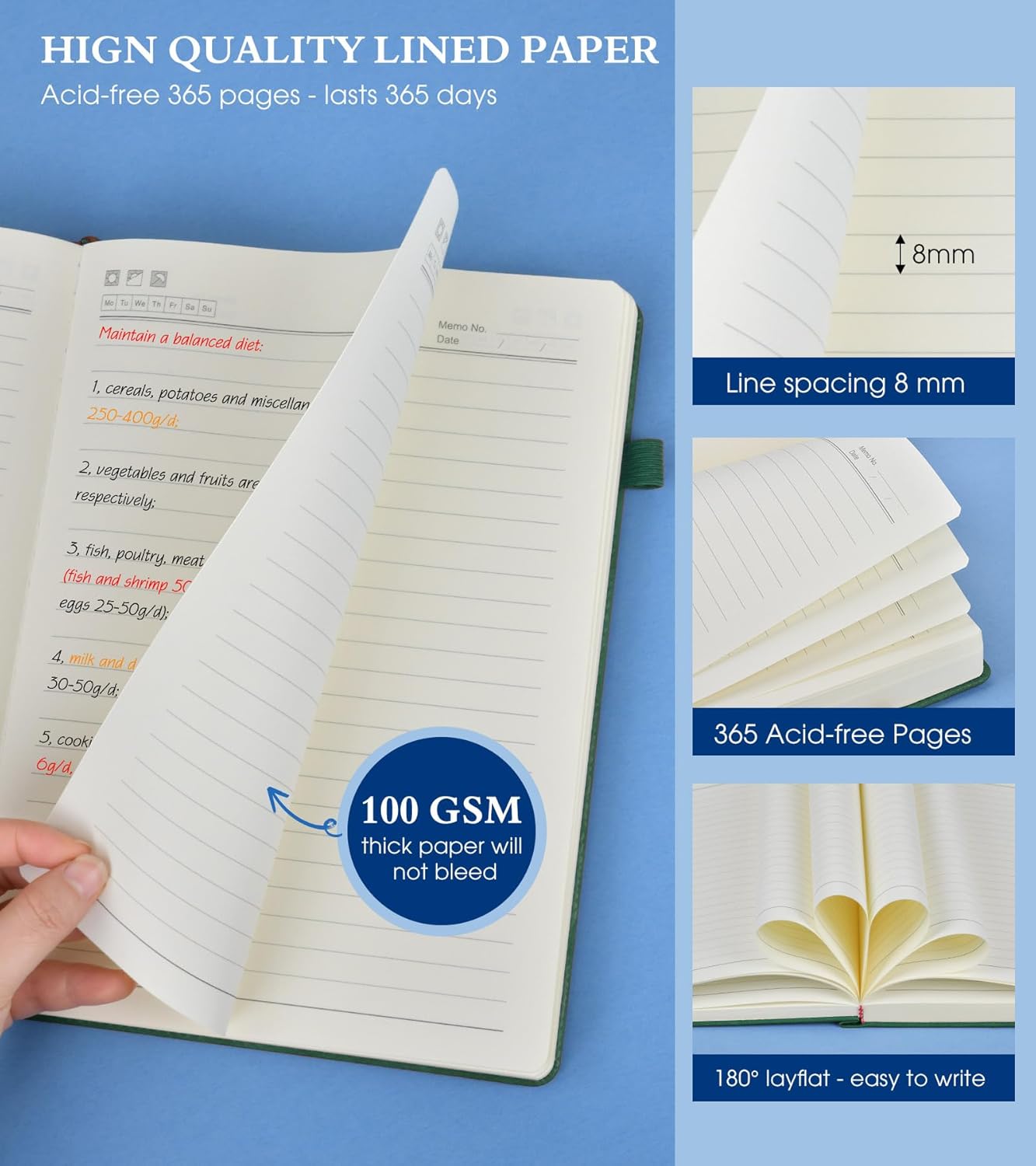 B5 Lined Journal Notebook - 365 Page Large Leather Journals for Writing Women Men,Hardcover Notebook with 100Gsm Thick Pages,Daily Diary for Travel, Work,School,College Ruled (7.6" x 10.3")