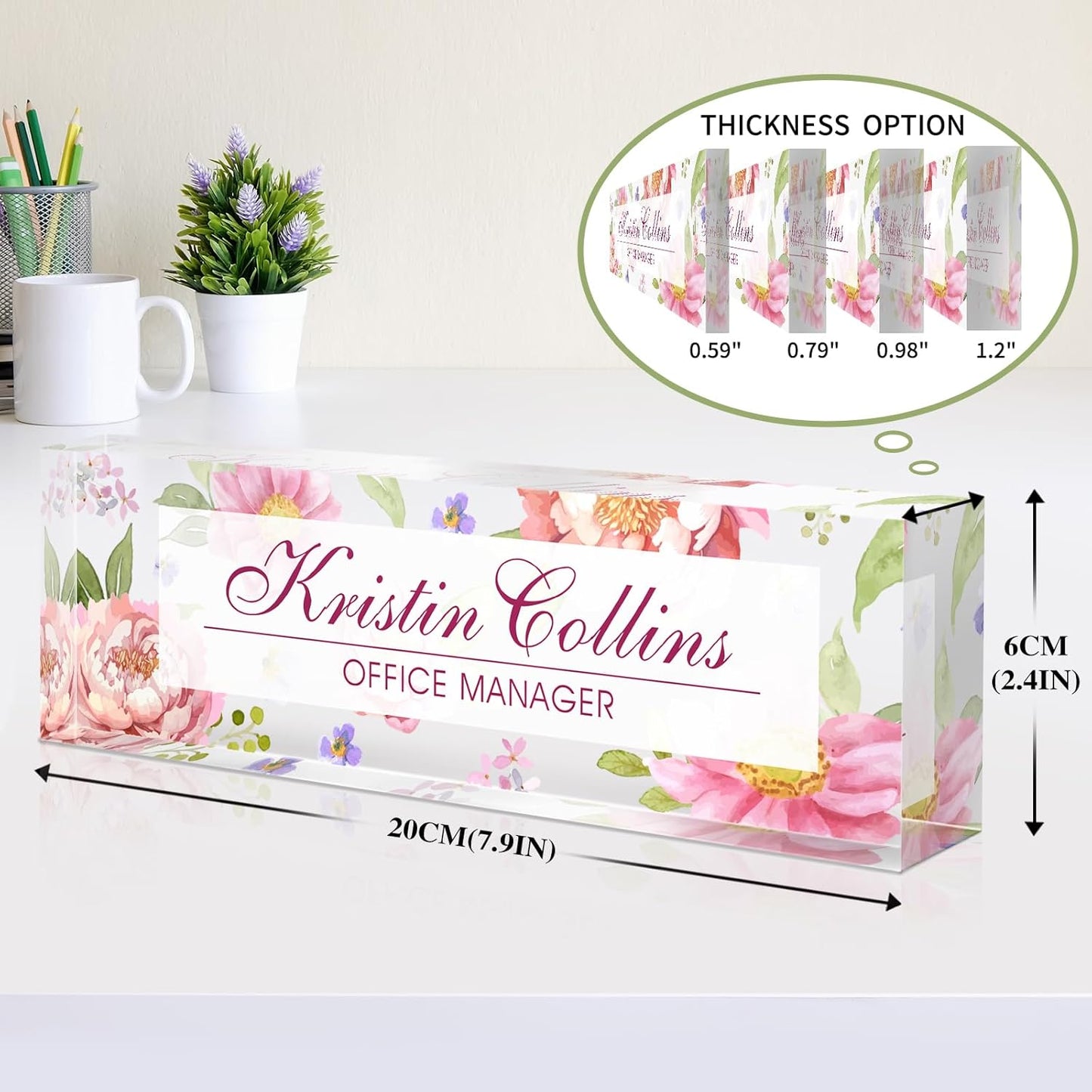 Custom Name Plate for Desk, Acrylic Office Decor For Women Men, Personalized Office Desk Accessories, Teacher Employee Appreciation Gifts For Social Worker Boss Coworkers (Flowers-3)