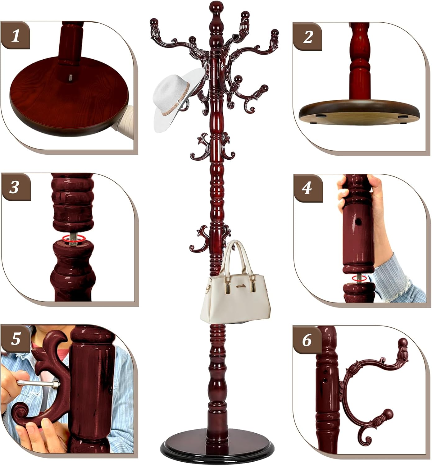 Vintage Wooden Coat Rack Free Standing,14 Hooks, 3-Level Adjustable Height, 73-Inch Retro Coat Rack Stand, Suitable for Entryway, Living Room, Office and Bedroom (Mahogany)