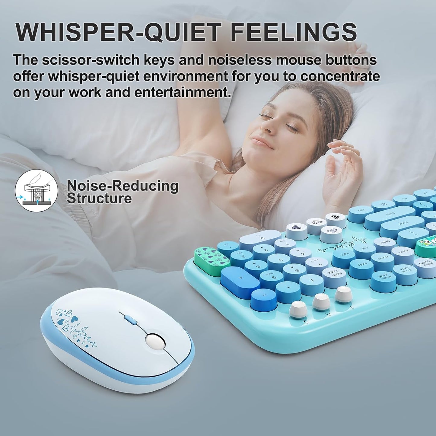 Wireless Keyboard and Mouse Set, 104 Round Keys Full-Size Cute Colorful Keyboard and Mouse with Retro Typewriter for PC/Mac/Laptop/Tablet/Computer/Windows Blue