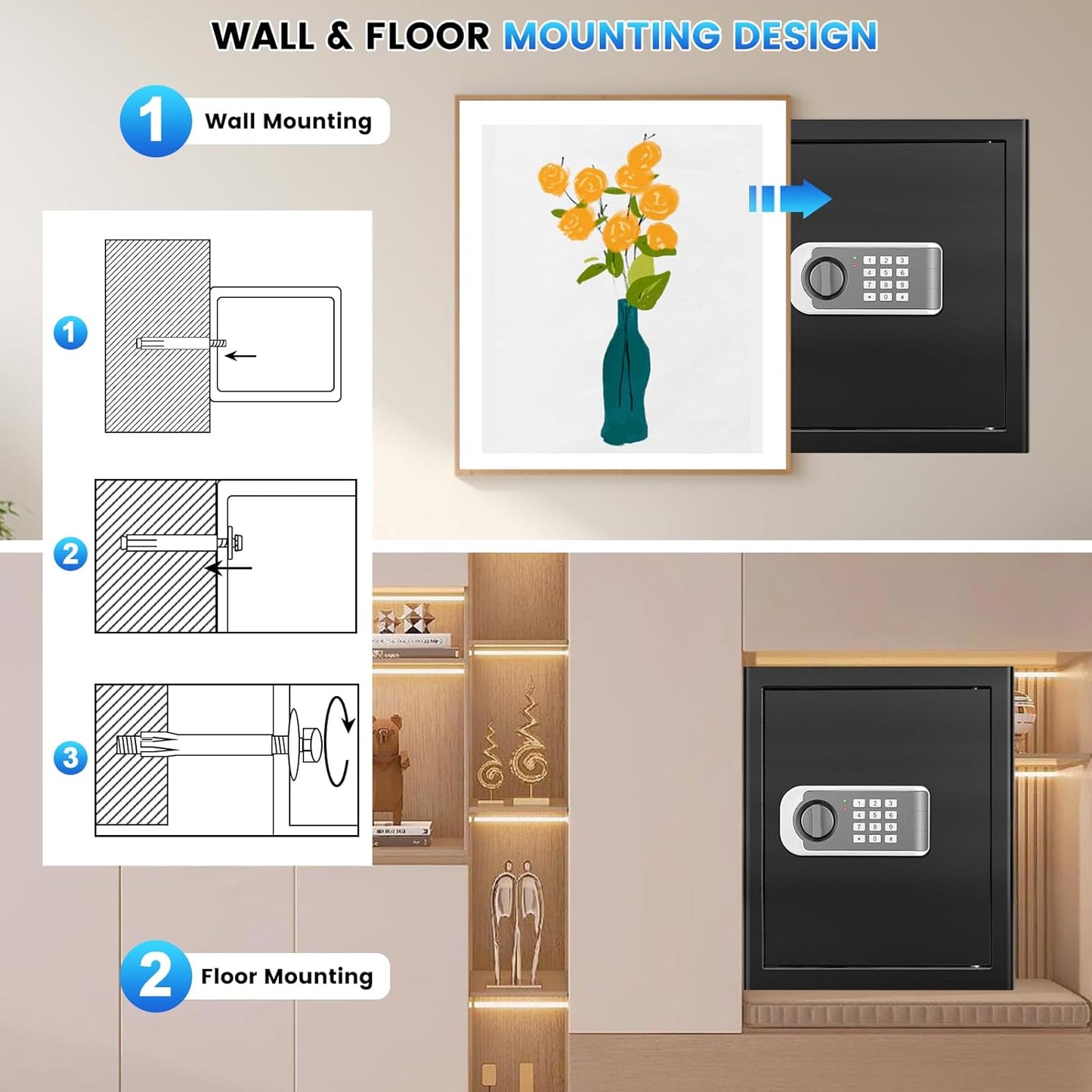 1.8 Cuft Safes for Home, Fireproof Safe Box, Home Safes Fireproof Waterproof with Electronic Keypad, Spare Key, Smart Alert, Security Fire Proof Safe for home documents Money Medicine