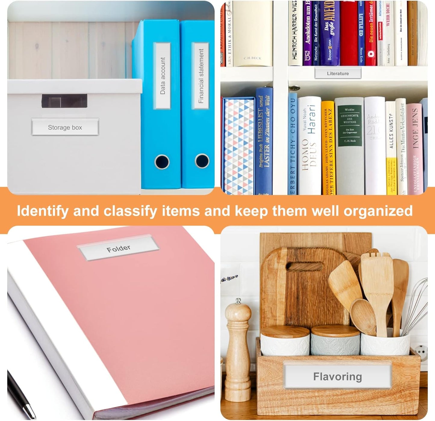 Label Holders Adhesive Shelf Tags - Fushing 150Pcs Clear Plastic Labels for Storage Bins with Name Label Badge Inserts, Removable Adhesive Pockets for Shelf Mailbox Binders Drawers Cabinets Organizer