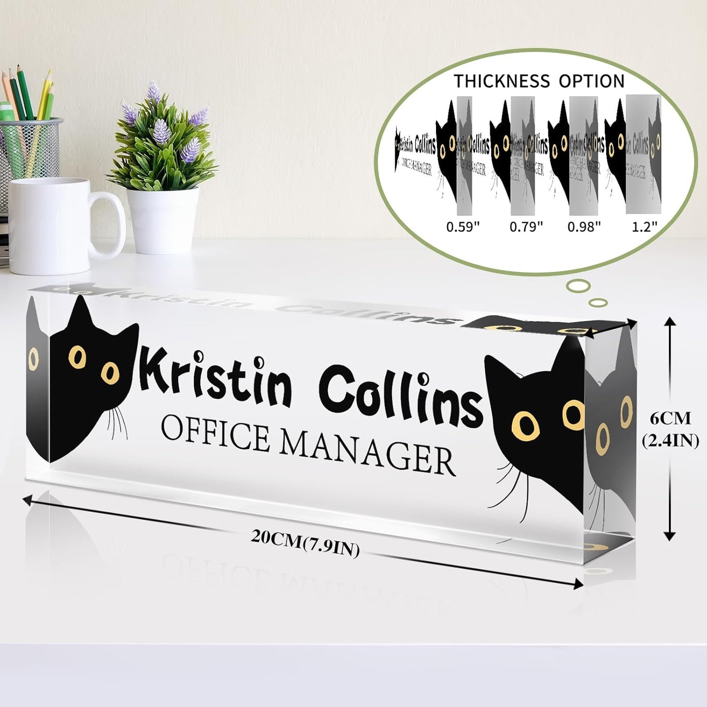 Custom Name Plate for Desk, Acrylic Office Decor For Women Men, Personalized Office Desk Accessories, Teacher Employee Appreciation Gifts For Social Worker Boss Coworkers (Cat)