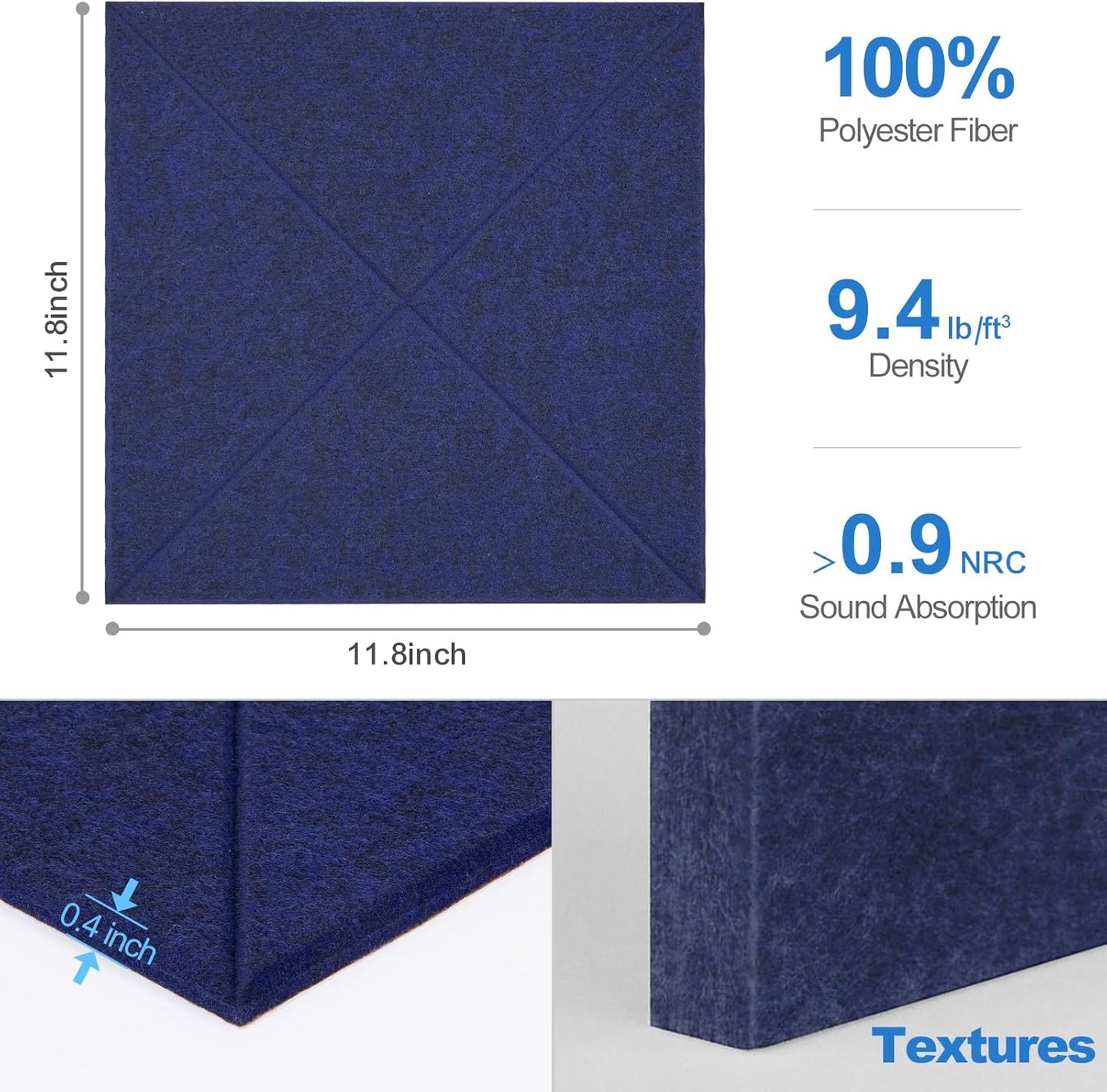 Sonicism 12 Pack X-Lined Acoustic Panels with Self-Adhesive, 12"X 12"X 0.4" Sound Proof Foam Panels, Decorative Soundproof Wall Panels, Sound Absorbing Tile for Home & Offices, Dark Blue
