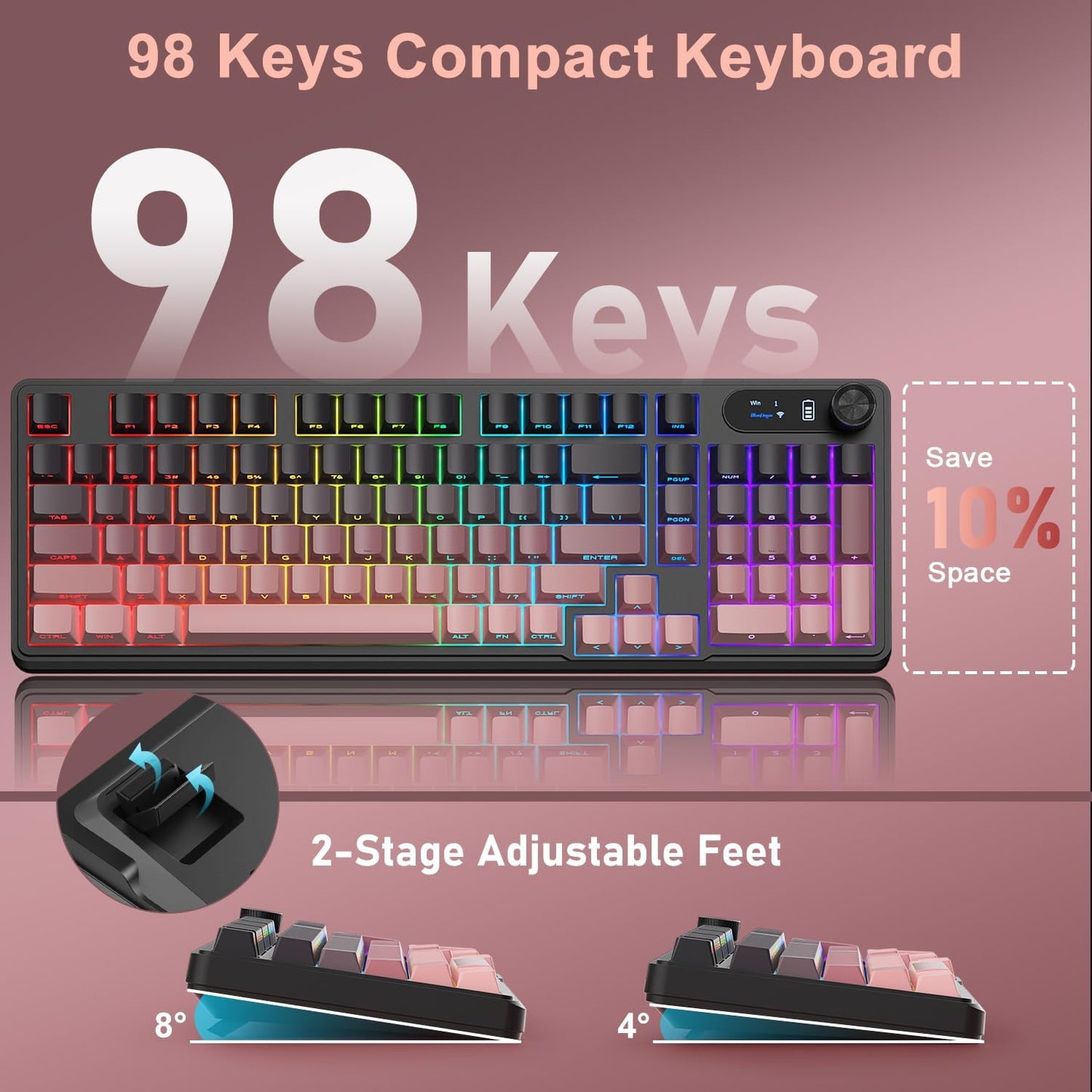 BlueFinger Wireless Gaming Keyboard, RGB Backlit, Tri-Mode Bluetooth/2.4G/USB-C, 98 Keys Quiet Keyboard with Number Pad, Volume Knob & Screen, Side Printed PBT Keycaps for PC/Mac/Laptop