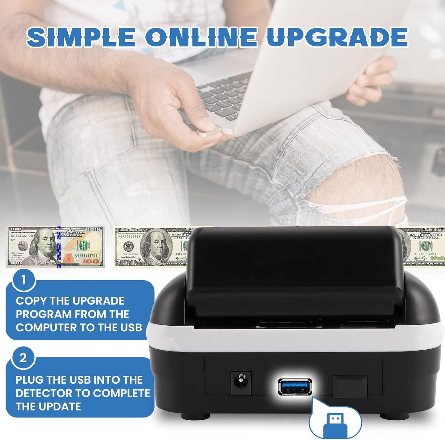 Portable Counterfeit Bill Detector, Rechargeable 4 Way Direction Bill Checker Machine with Visual & Audible Reminding, 1s Accurate Money Detector for Car/Office/Home with Total Value Display