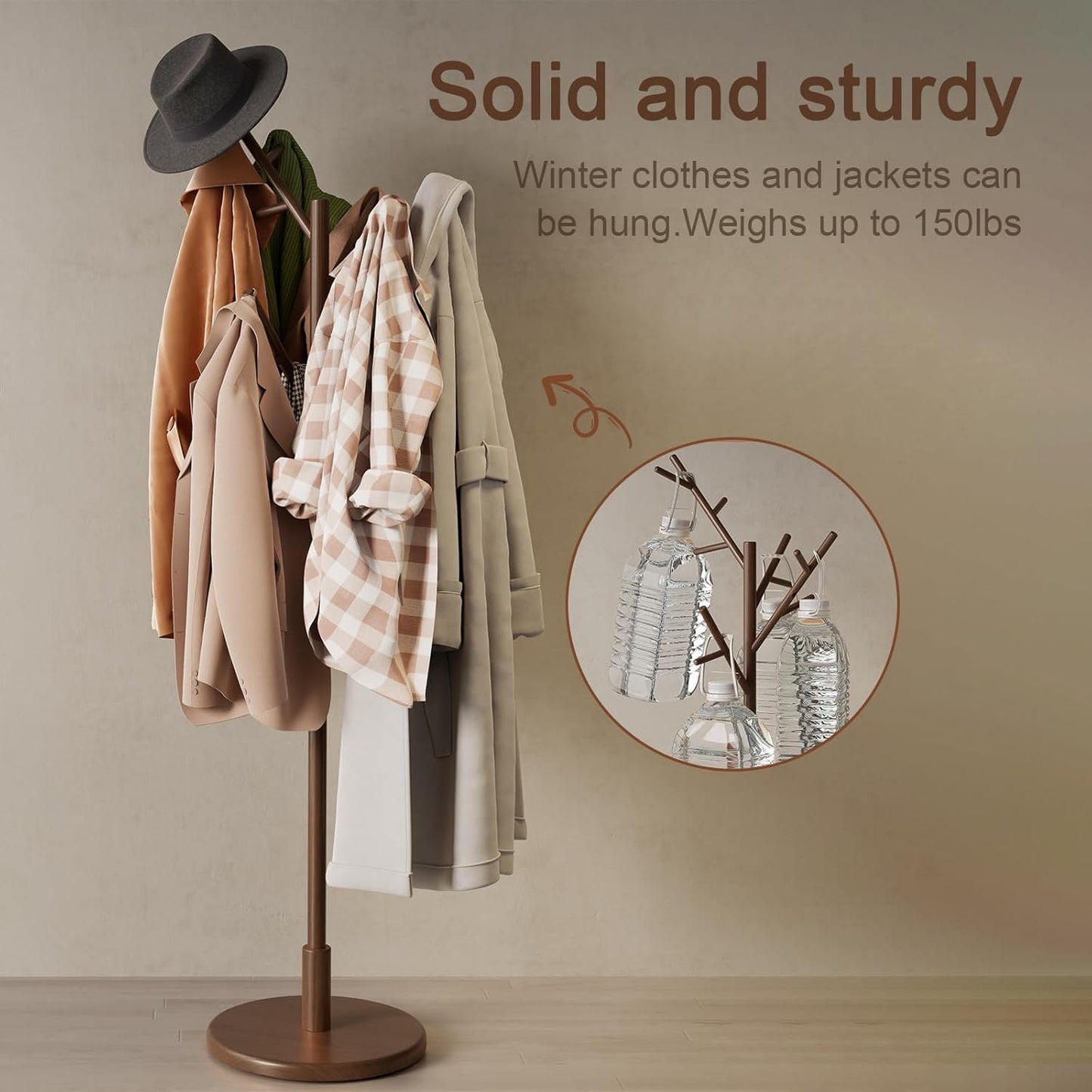 Coat Rack,Solid Wood Coat Rack Freestanding with 12 Hooks,Coat tree freestanding 3 Adjustable Heights for coat, Hats, Handbags,Coat Stand for Entryway,Bedroom (Walnut)