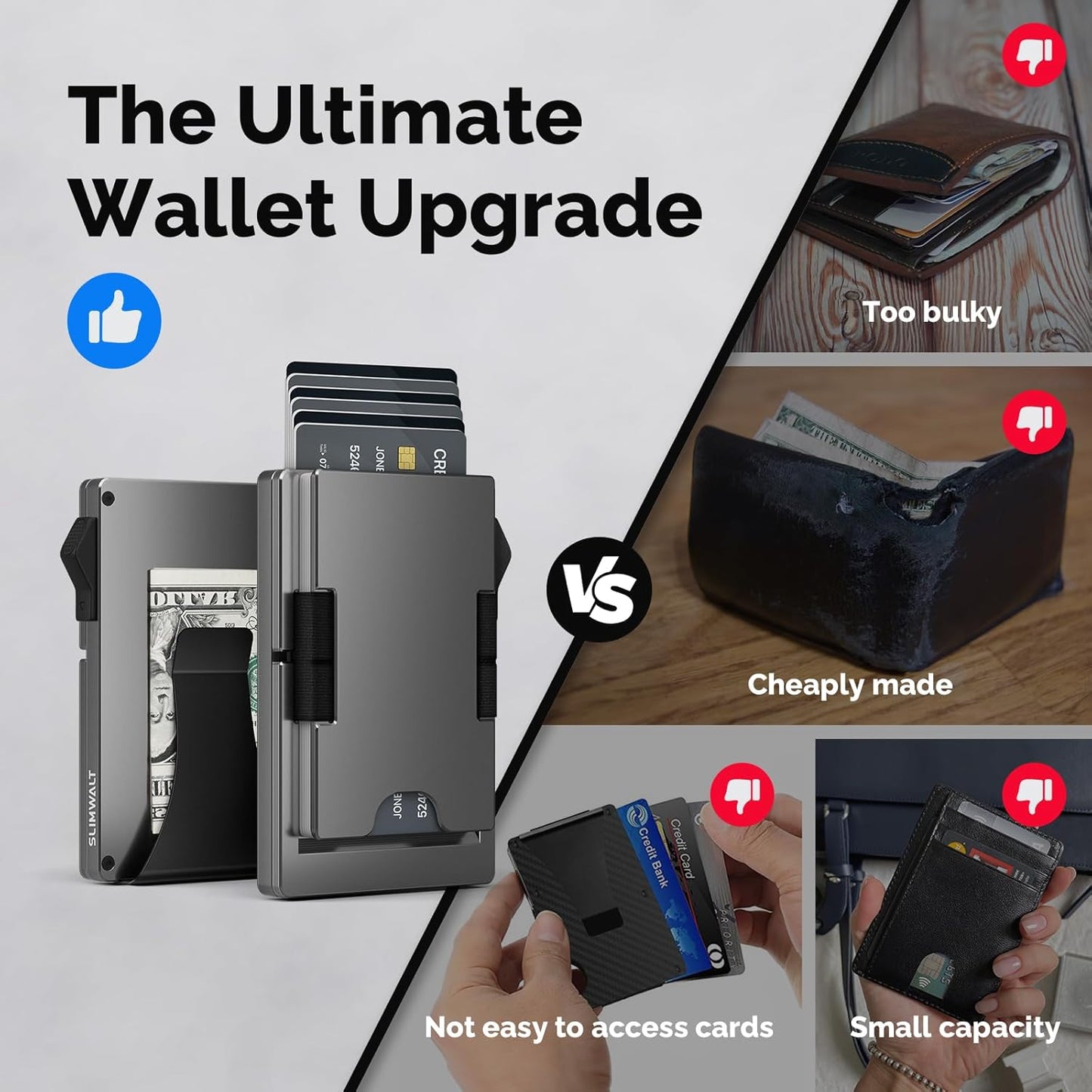 Mens Wallet with Money Clip - Holds 10-20 Cards, RFID Blocking Minimalist Wallet for Men with Pop Up Card Case, Slim Card Holder Metal Card Wallets, Gifts for Men, Black