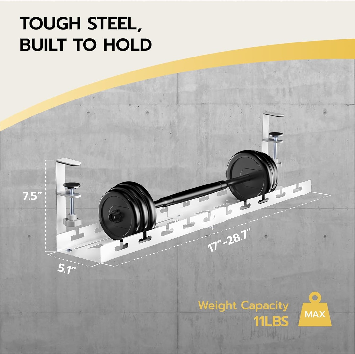 ARES WING 17"-28.7" Extendable Under Desk Cable Management Tray with Cable Slots, Clamp On Cord Organizer Holds Up to 11 lbs, White Metal Under Desk Storage for Office and Gaming Accessories