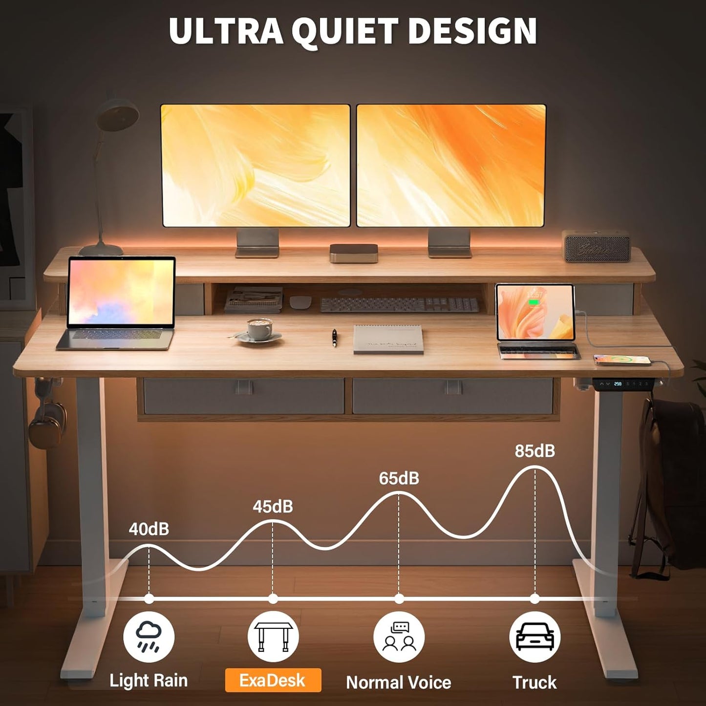 55 * 30 Inches Electric Standing Widened Desk Adjustable Height with 4 Drawers, Double Storage Shelves, Home Office Workstation Sit Stand up Desk (Nature)