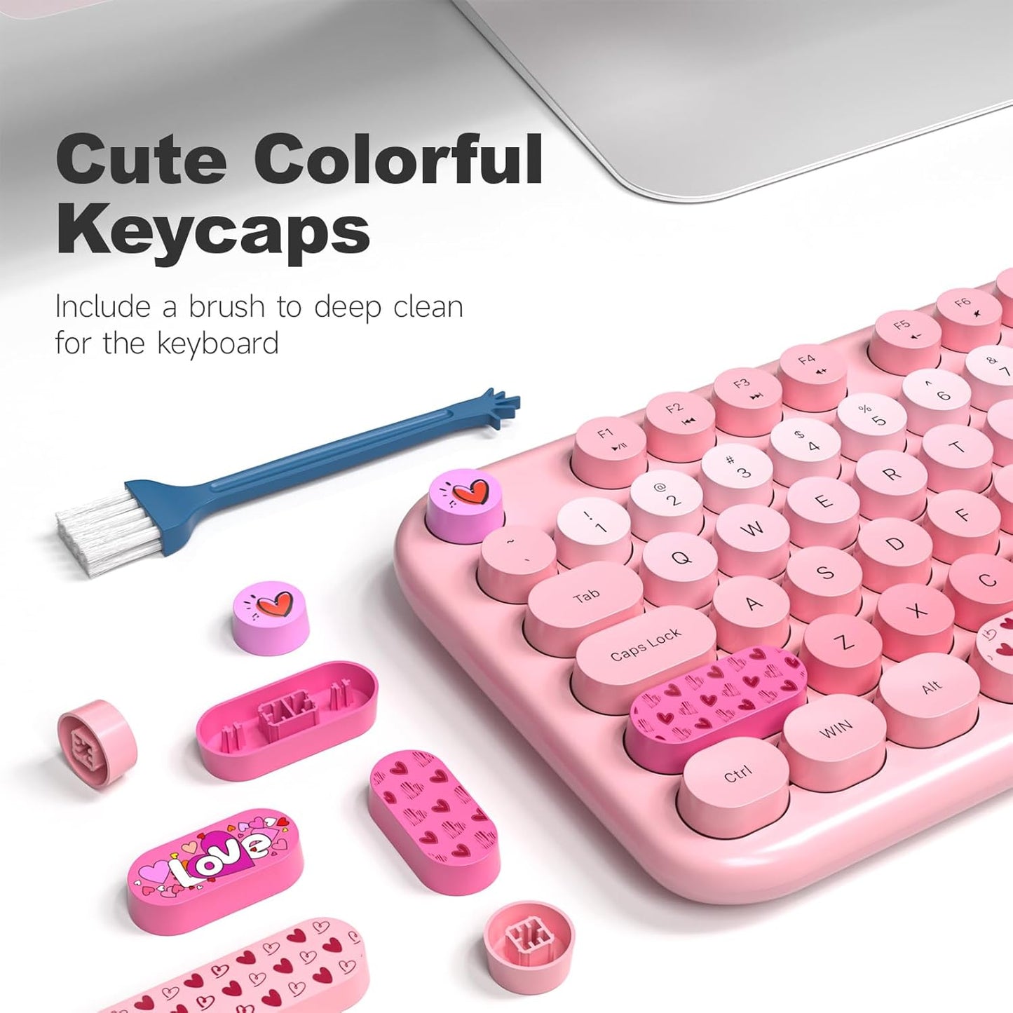 Wireless Keyboard and Mouse, Typewriter Full Size Keyboard with Number Pad and 2 in 1 USB Connected Mouse for Windows 7/8/10, Laptop, Desktop, PC, Computer (Pink Colorful)
