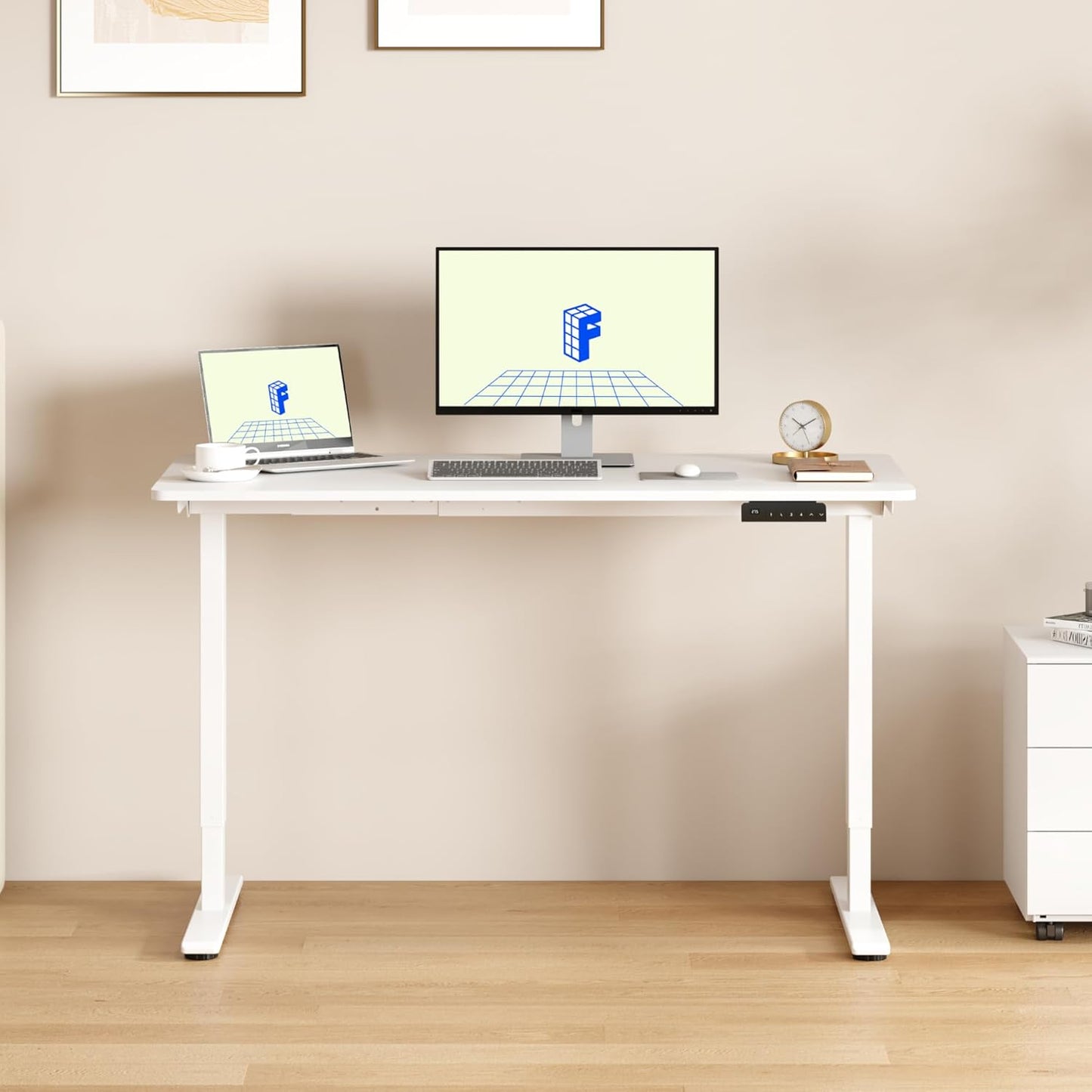 FLEXISPOT E3 Dual Motor Electric Standing Desk 48x30 Inch Whole-Piece Board Height Adjustable Desk Electric Sit Stand Desk (White Frame + White Desktop, 2 Packages)