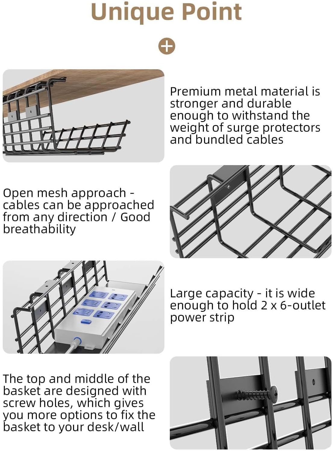 2 Pack DELAMU Under Desk Cable Management Tray, Large Metal Cord Organizer, Office & Home Cord Wire Management Under Desk Shelf, Easy Install Pre-drilled Cable Organizer, Black