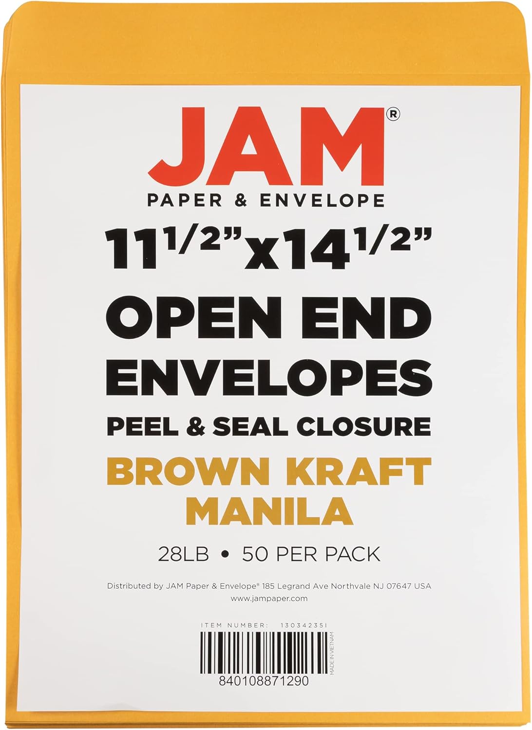 JAM PAPER 11 1/2 x 14 1/2 Open End Catalog Commercial Envelopes with Peel and Seal Closure - Brown Kraft Manila - 100/Pack