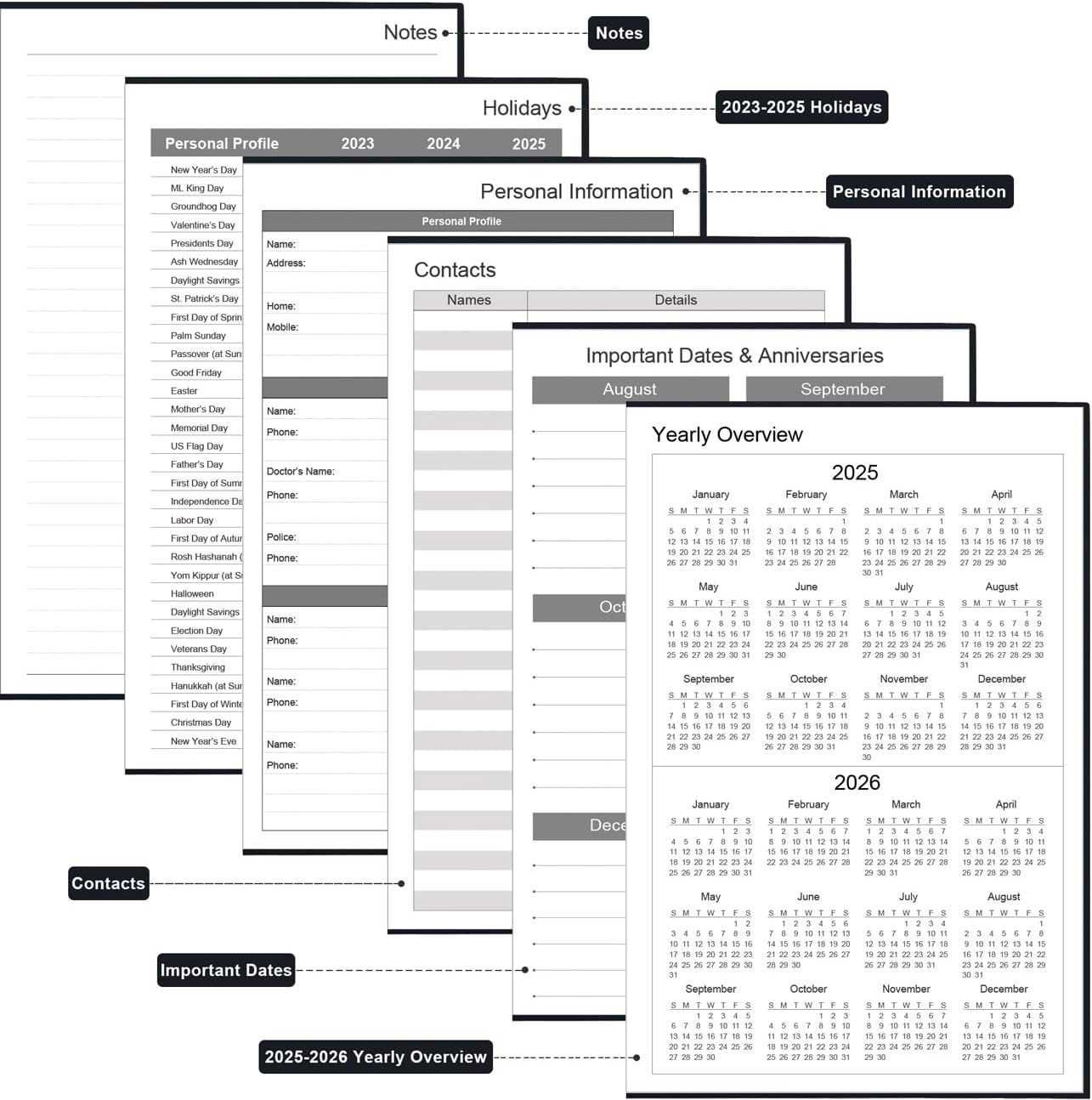 Daily & Monthly Planner for 2025 2026 or Anytime - ADHD Planner Two Pages Per Day, Daily Planner Undated to Increase Focus, Eliminate Overwhelm, Achieve Your Biggest Goals, 5.8'' × 8.3'', Black