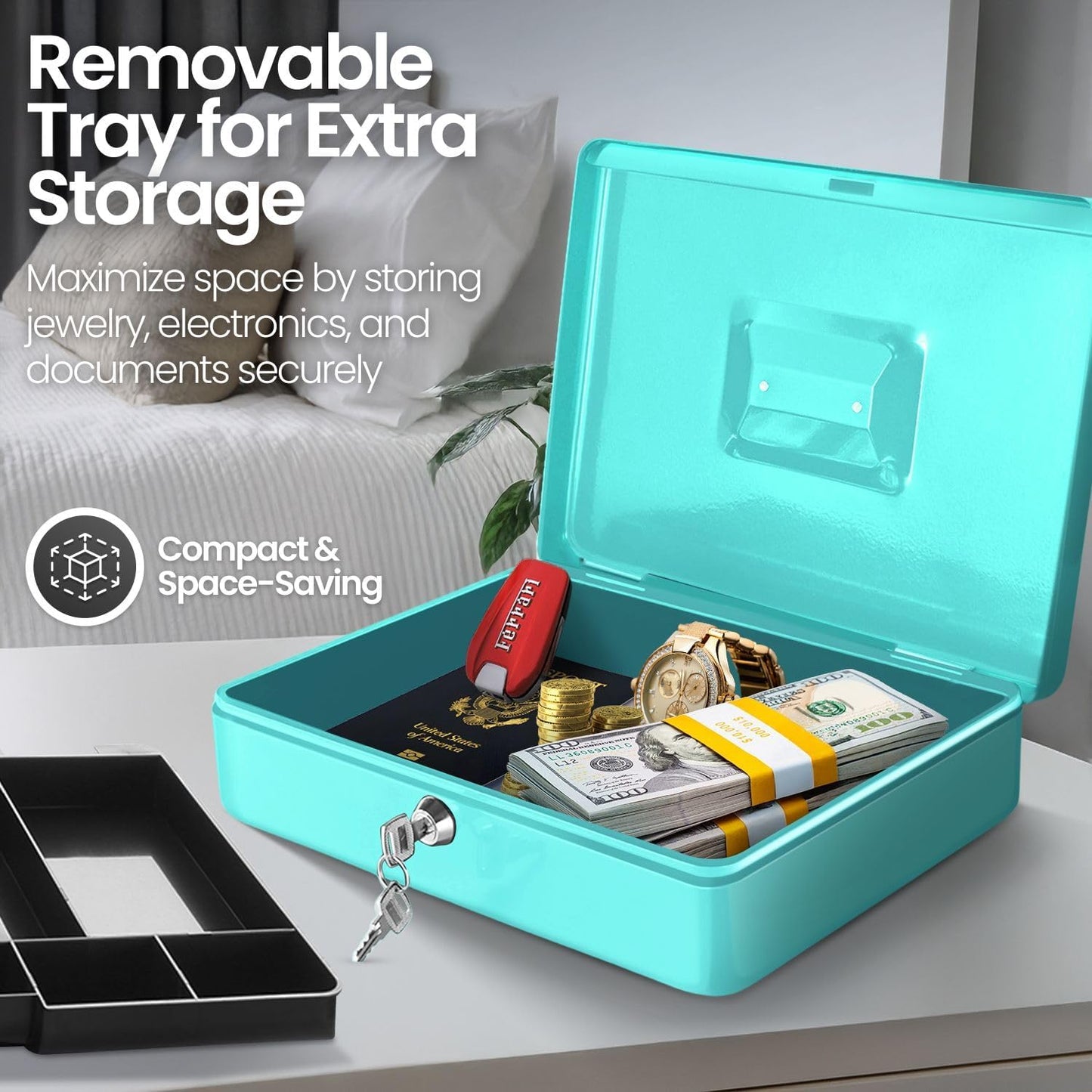 Flexzion Cash Box with Money Tray and Lock - Metal Cash Box for Small Businesses, 9-Compartment Blue Money Box with Removable Tray and Key, Portable Storage for Checks and Coins