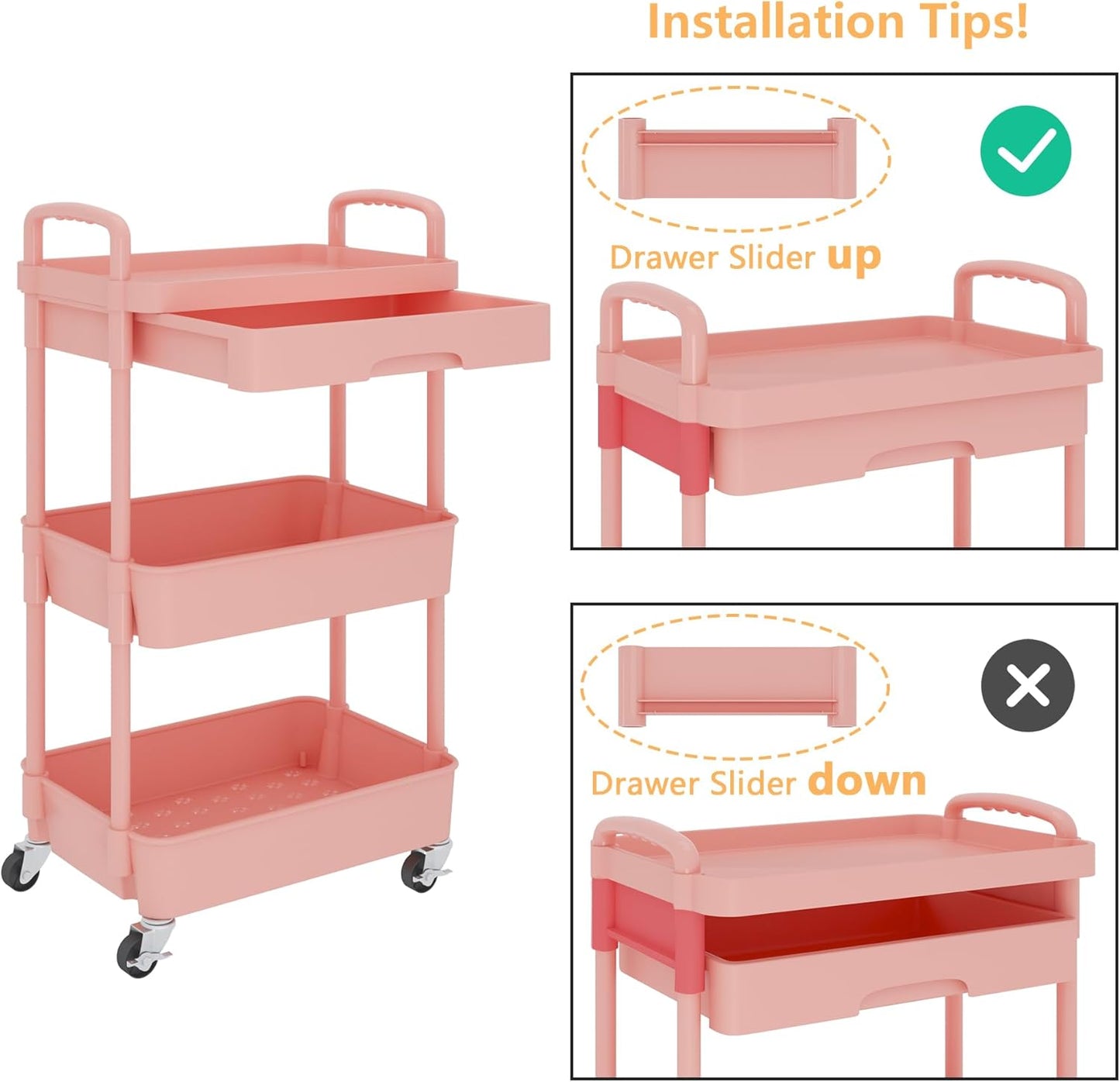 Calmootey 3-Tier Rolling Utility Cart with Drawer,Multifunctional Storage Organizer with Plastic Shelf & Metal Wheel,Storage Cart for Kitchen,Bathroom,Living Room,Office,Pink
