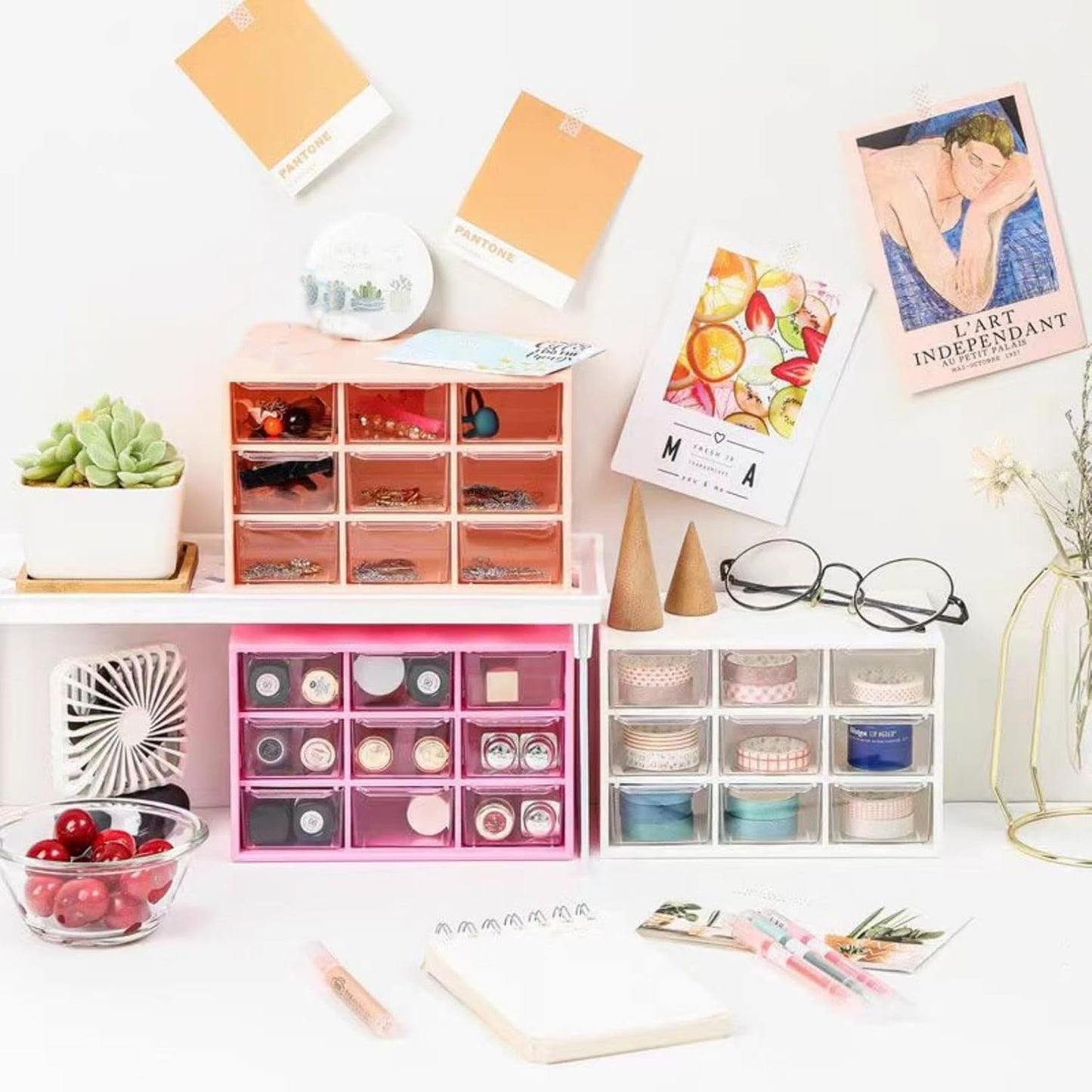 Feadily 4PCS Small Drawer Organizer for Desk, Desktop Drawer Organizer with 9 Clear Drawers, Plastic Desktop Storage Drawers 7.1 Inch x 3 .9 Inch x 4.7 Inch, Rose Red