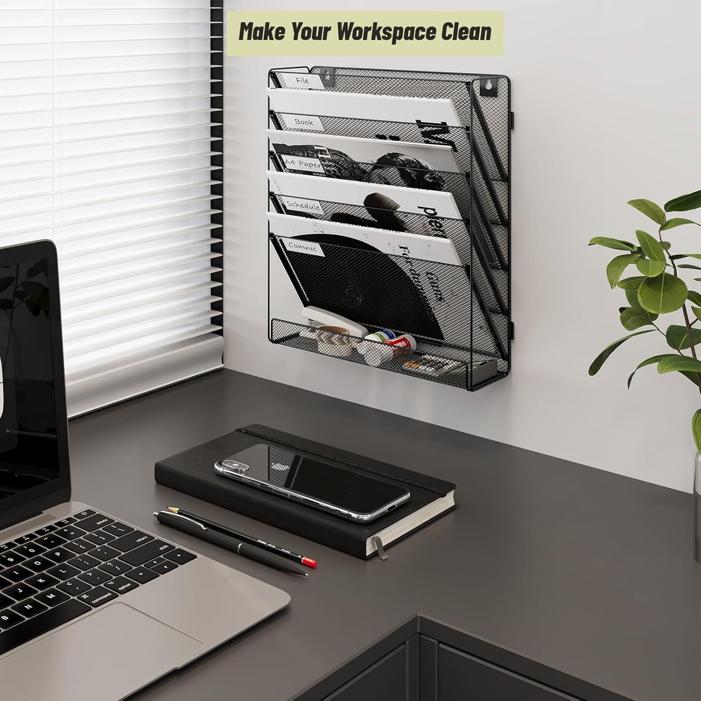 6 Tier File Wall Mounted Magazine Rack with Tray Mesh A4 Paper Organiser Mail Holder Storage No-Side, Black