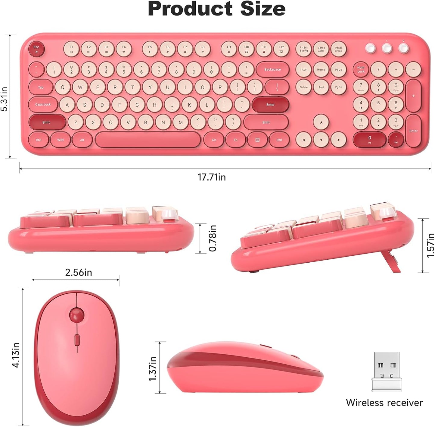 MOFII Wireless Keyboard and Mouse, Retro Typewriter Keyboard and Silent Mouse, 2.4GHz Full Size Keyboard and Mouse Wireless Combo for Laptop, PC, Desktop, Windows (Hot Pink)