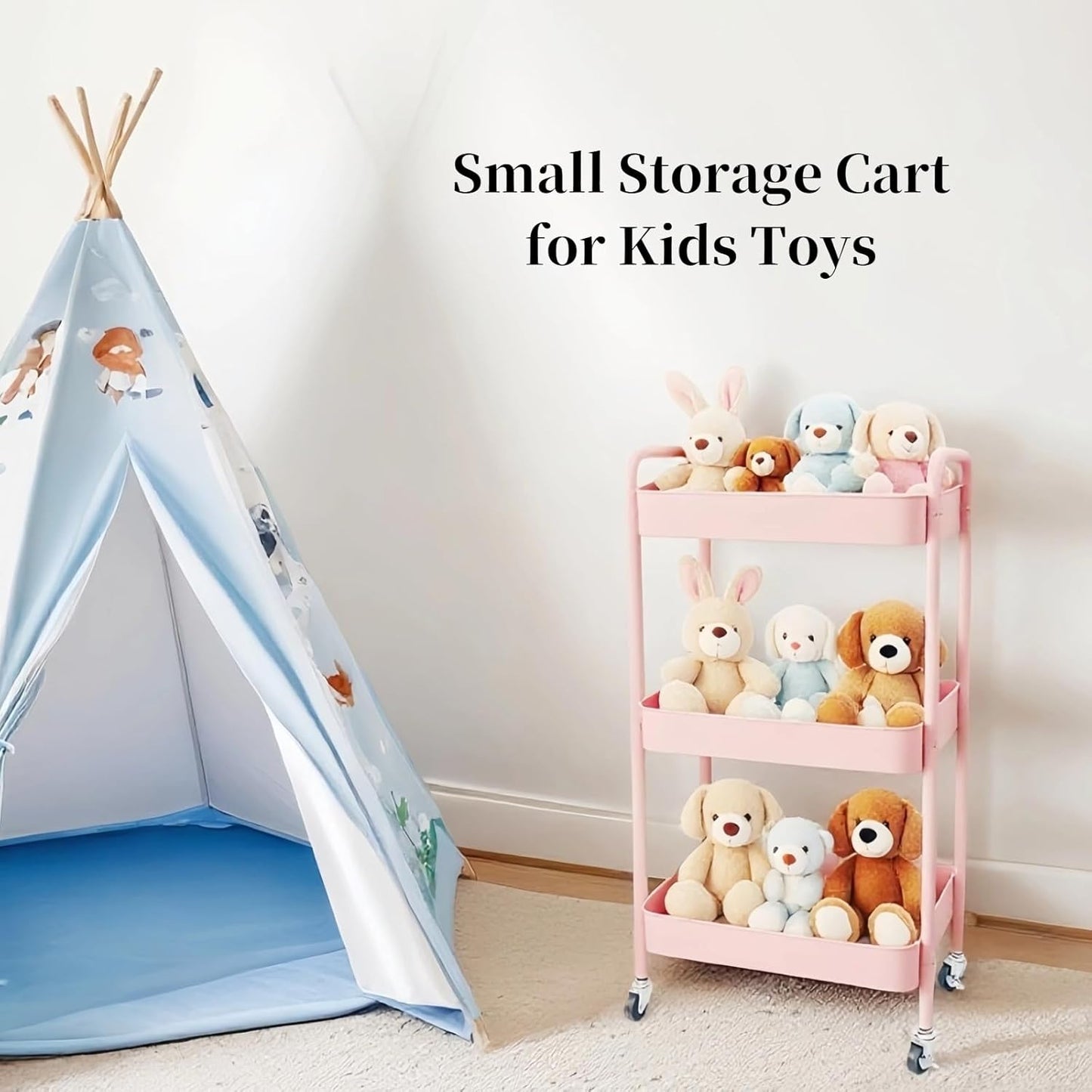 3 Tier Pink Rolling Cart for Nursery & Laundry Room with Handle & 4 Hooks, Metal Kitchen Storage Cart on Wheels and Lockable Casters, Large Capacity Sturdy Trolley for Lash Craft Bathroom