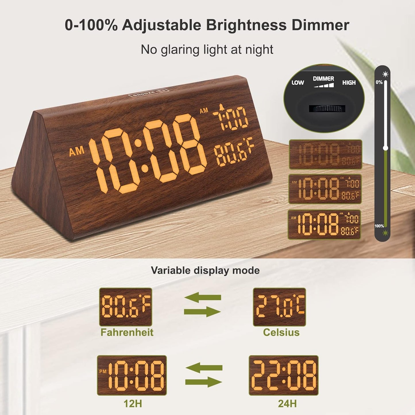 DreamSky Wooden Digital Alarm Clock for Bedroom - 7.7" Electric Clocks with USB Port, Large Numbers, Temperature, 0-100% Brightness Dimmer, Adjustable Alarm Volume, Snooze, 12/24H