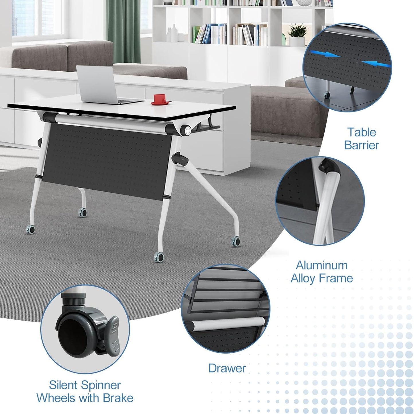 Conference Table, Folding Conference Room Tables, Mobile Training Tables with Silent Wheels, Large Rectangular Modular Seminar Table Office Computer Desks for Classroom White (2Pack L63in)