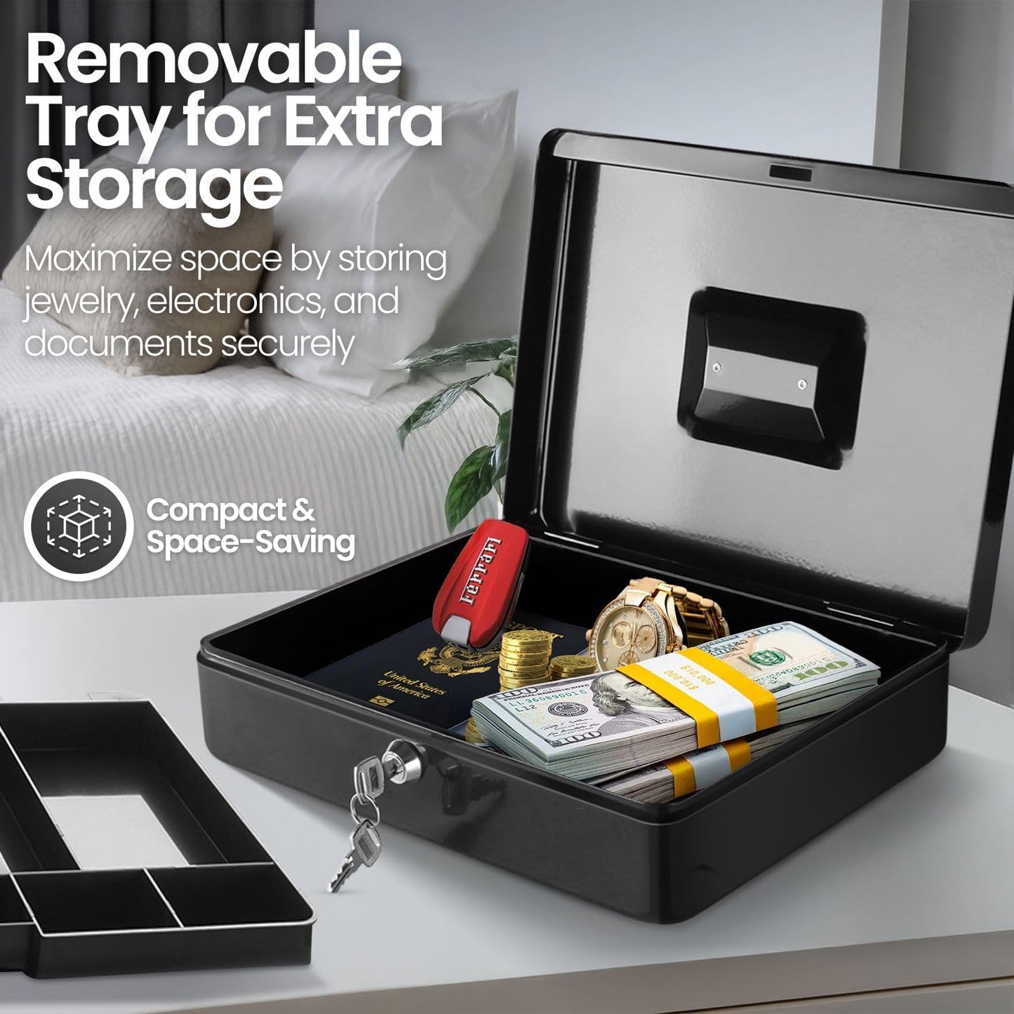 Flexzion Cash Box with Money Tray and Lock - Metal Cash Box for Small Businesses, 9-Compartment Black Money Box with Removable Tray and Key, Portable Storage for Checks and Coins