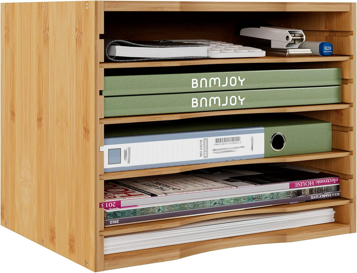 Bamjoy Bamboo 5 Tier Desktop Organizer, Paper Organizer Mail Sorter, File Holder Letter Document Storage with Adjustable Shelves for School Home Office, Natural