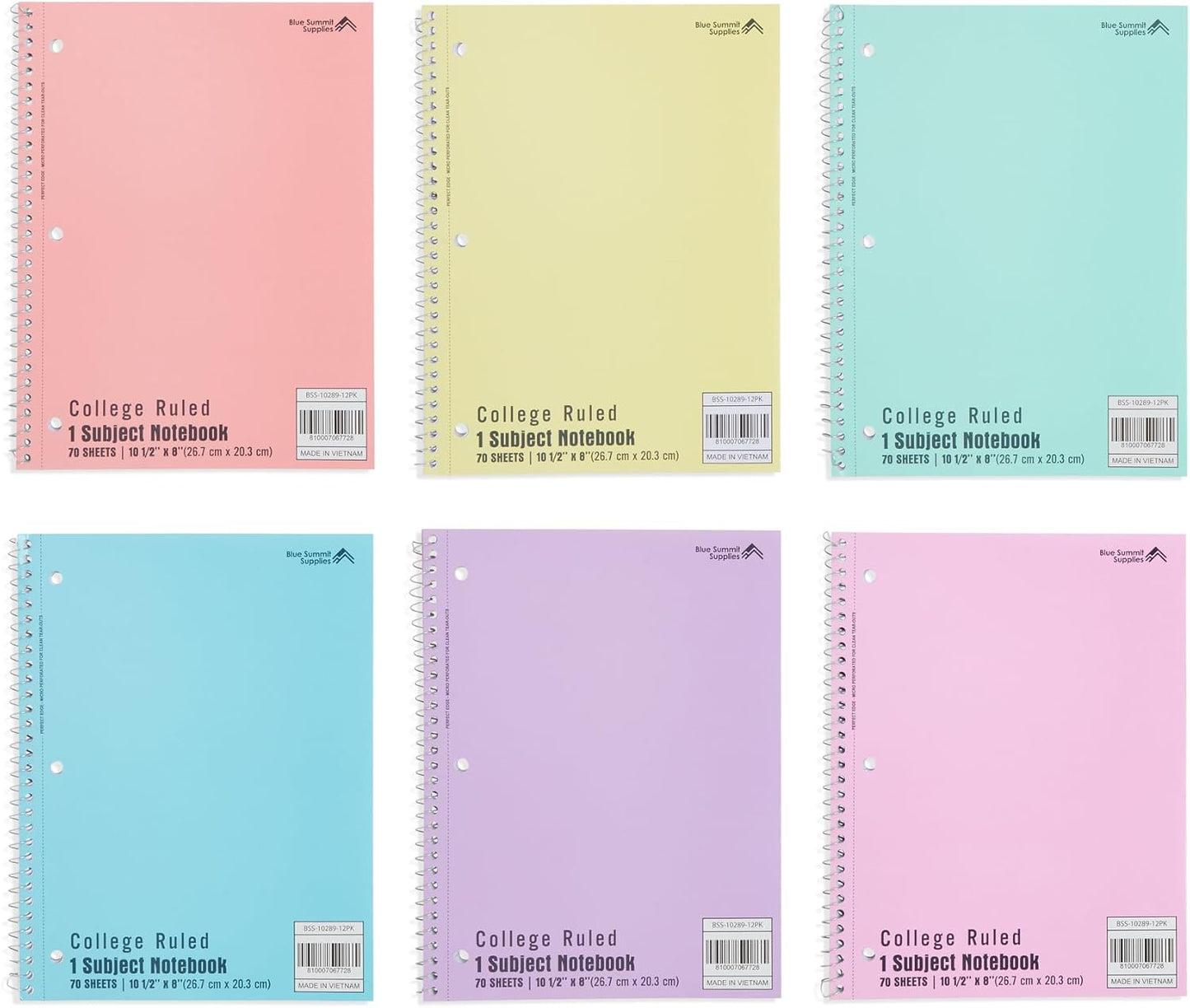 Blue Summit Pastel Spiral Notebook College Ruled, One Subject School Notebooks Spiral, Perforated Notebooks Bulk, 8 x 10.5 School Book, Paper, College Ruled, 6 Pack