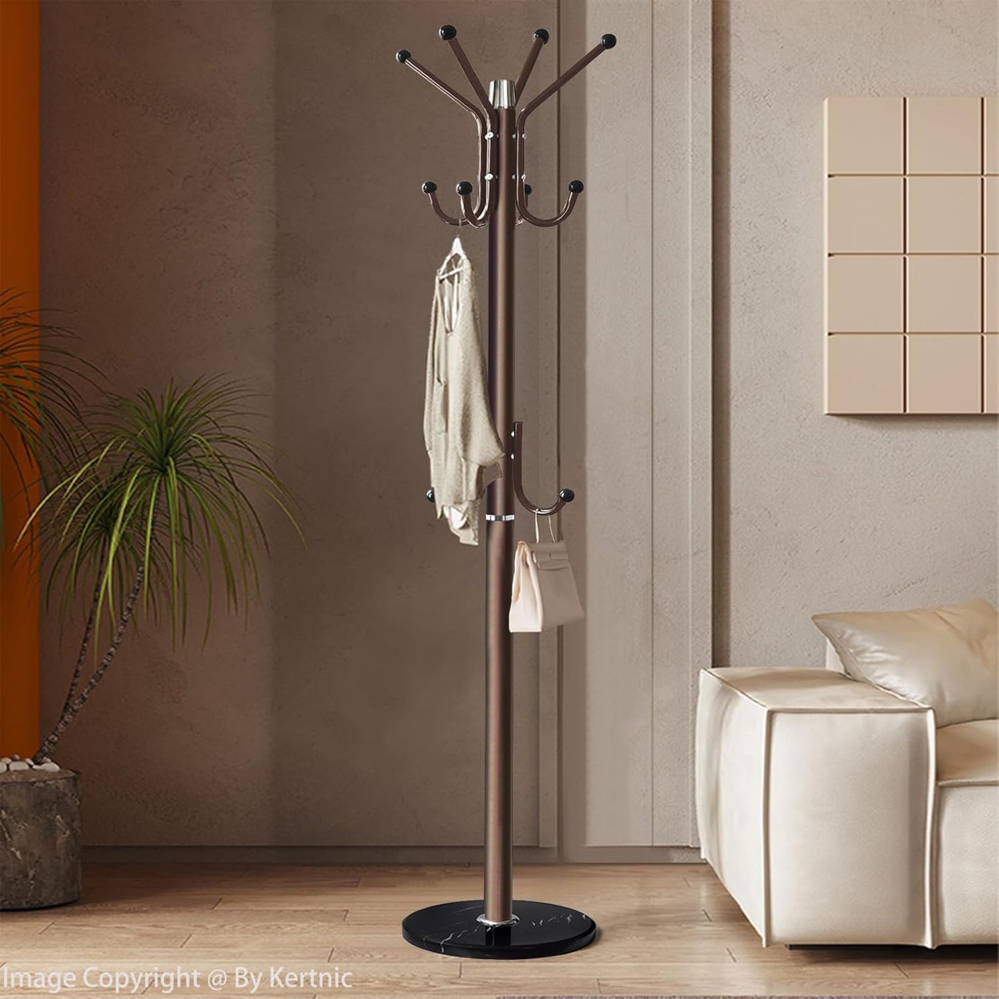 Kertnic Modern Coat Rack Freestanding with Natural Marble Base & Sturdy Metal Frame, 11 Hooks Hall Tree for Jackets, Hats, Bags, Entryway Organizer for Bedroom, Living Room, Closet (11 hooks-Bronze)