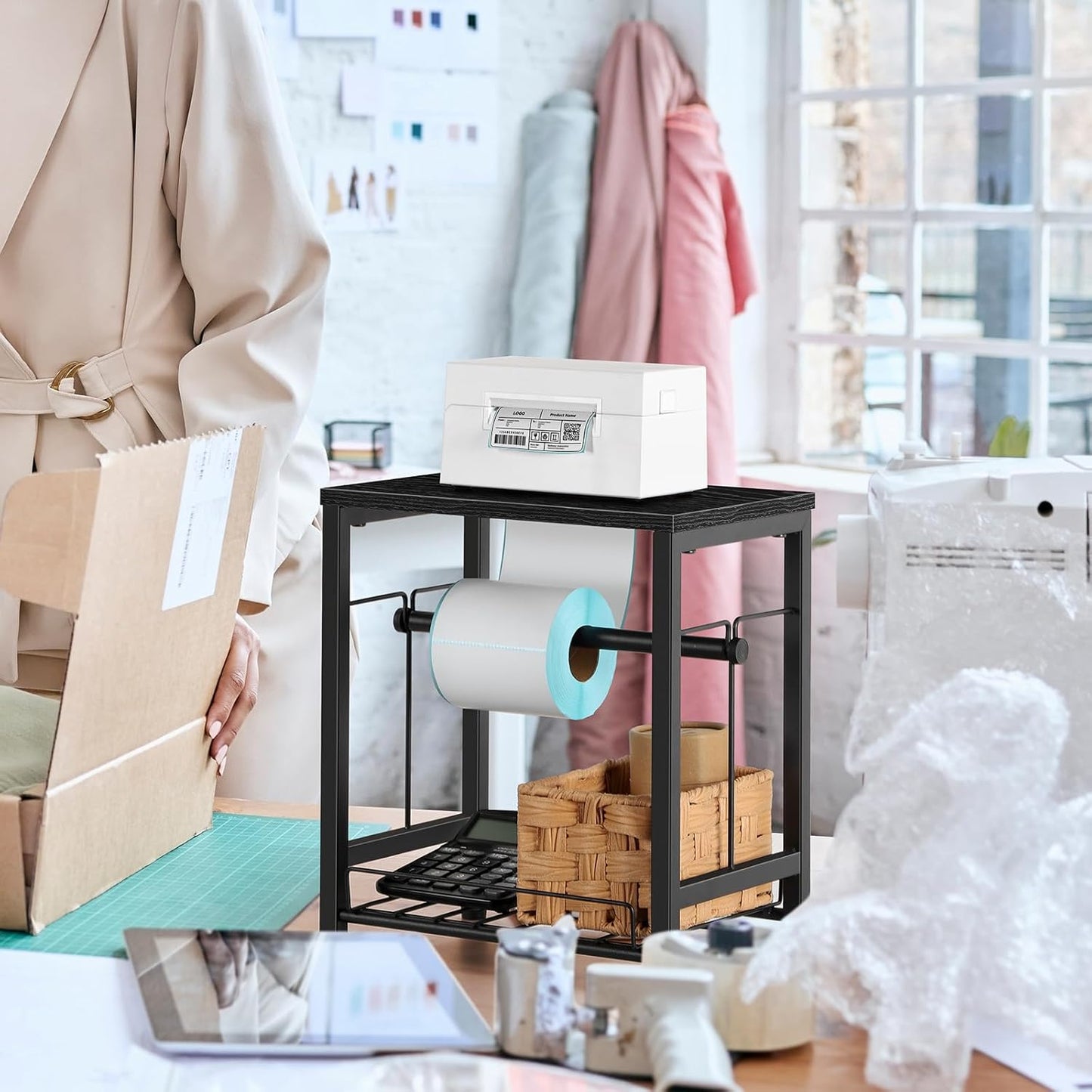 Label Holder for Rolls and Fan-Fold Labels, Wooden Thermal Printer Sticker Stand Shipping Label Holder with Basket, Black Label Roll Holder Dispenser for Home, Office, Small Business