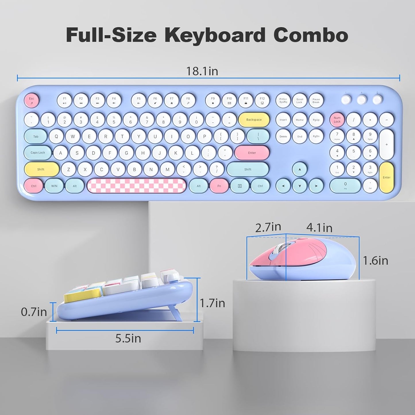 MOFII Wireless Keyboard and Mouse Combo - 2.4GHz Full-Size Retro Typewriter Keyboard with Round Keys, 3 Level Adjustable Optical Mouse, Plug & Play - Compatible with PC/Laptop/Desktop - Light Blue Mix