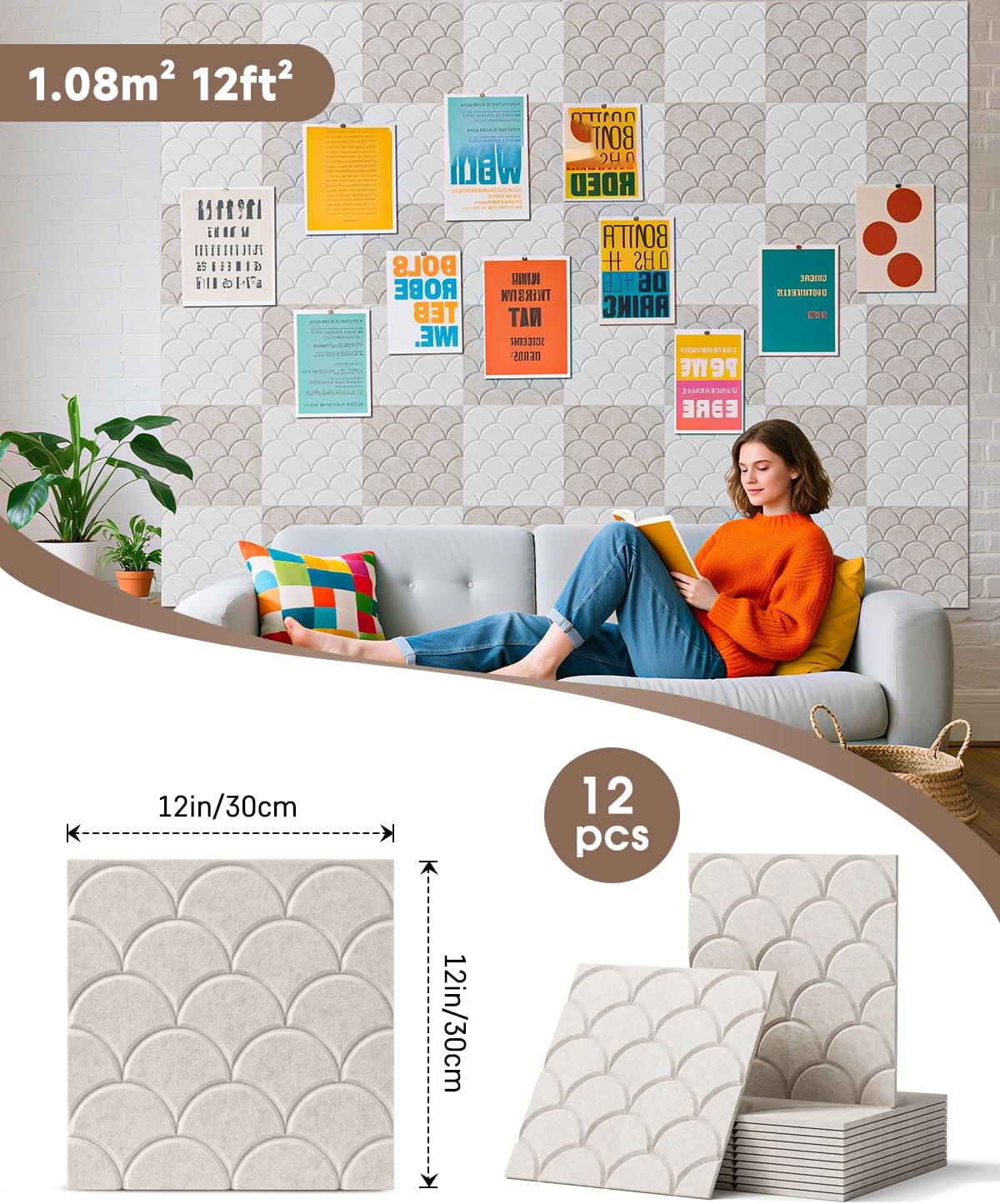 Acoustic Panels Self-Adhesive, 12 Pack Sound Proof Foam Panels for Walls, 12" X 12" X 0.4" High Density Soundproof Wall Panels for Door, Ceiling, Home Office Beige