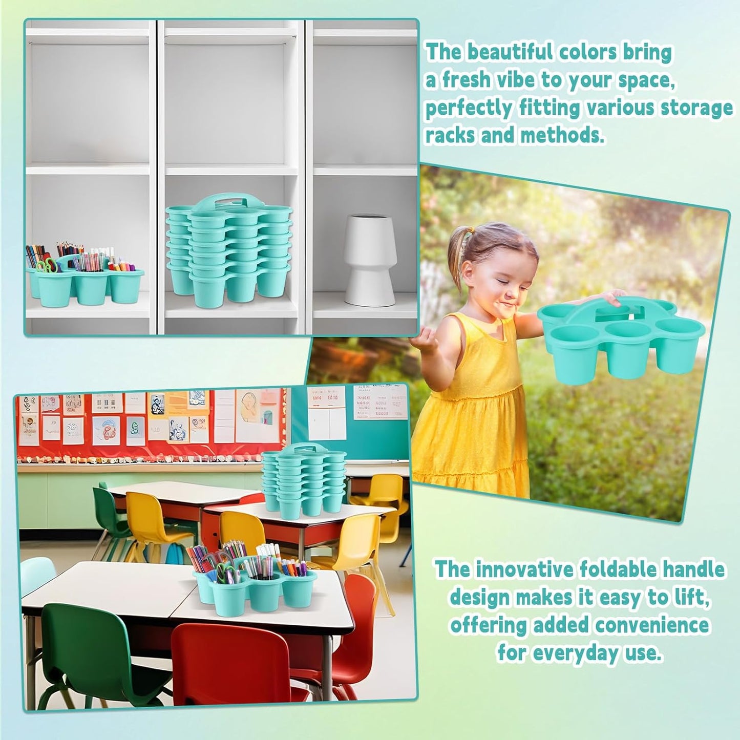 6 Pack Classroom Caddy with Handle Plastic Storage Caddy Organizer with 6 Compartments Drink Cup Caddies Holder Portable Storage Bin for Pencil, Crayon, Marker, Home, Office, School Supplies(Blue)